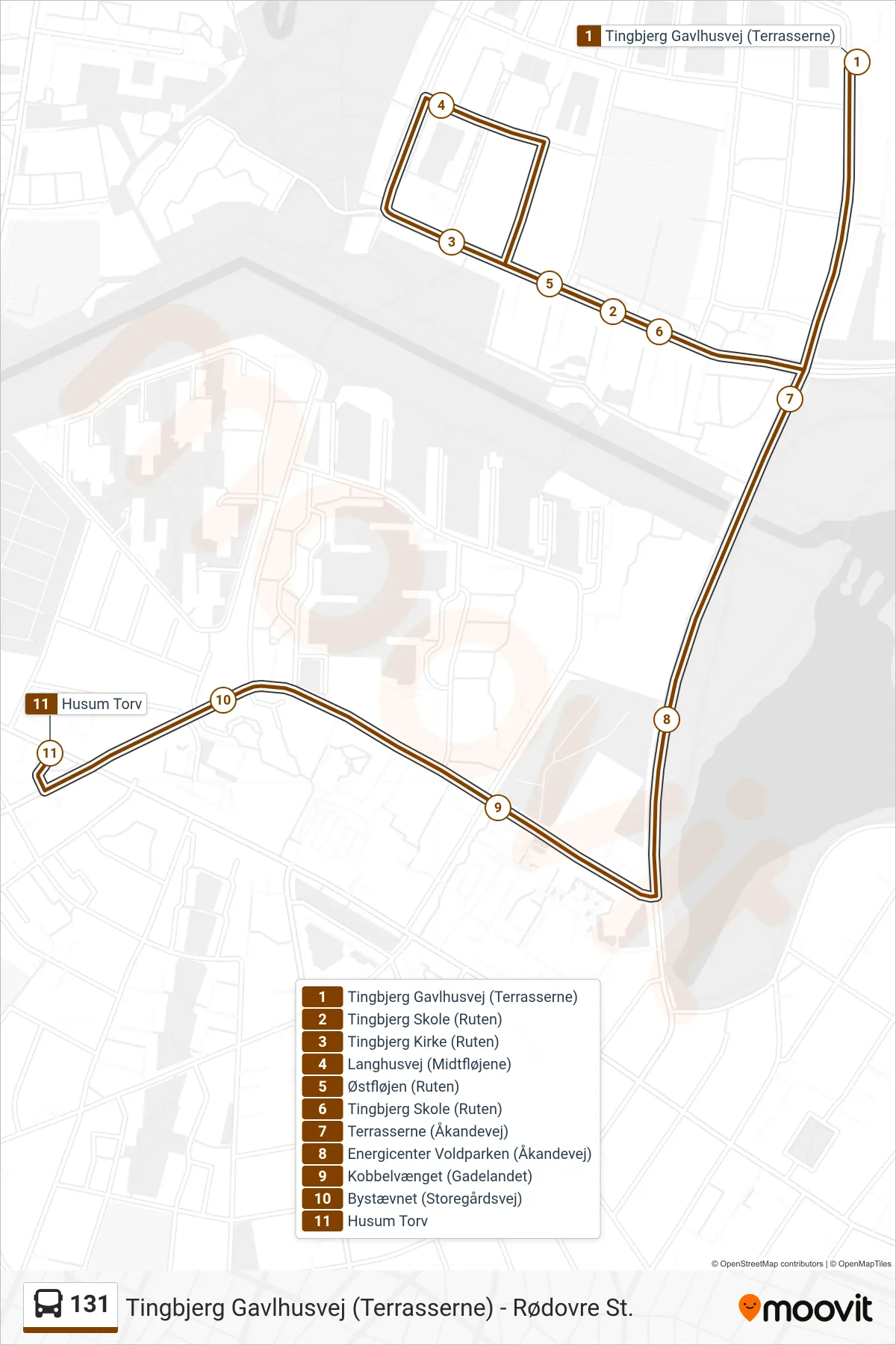 131 bus Linje (Husum Torv) rute og stop på et kort