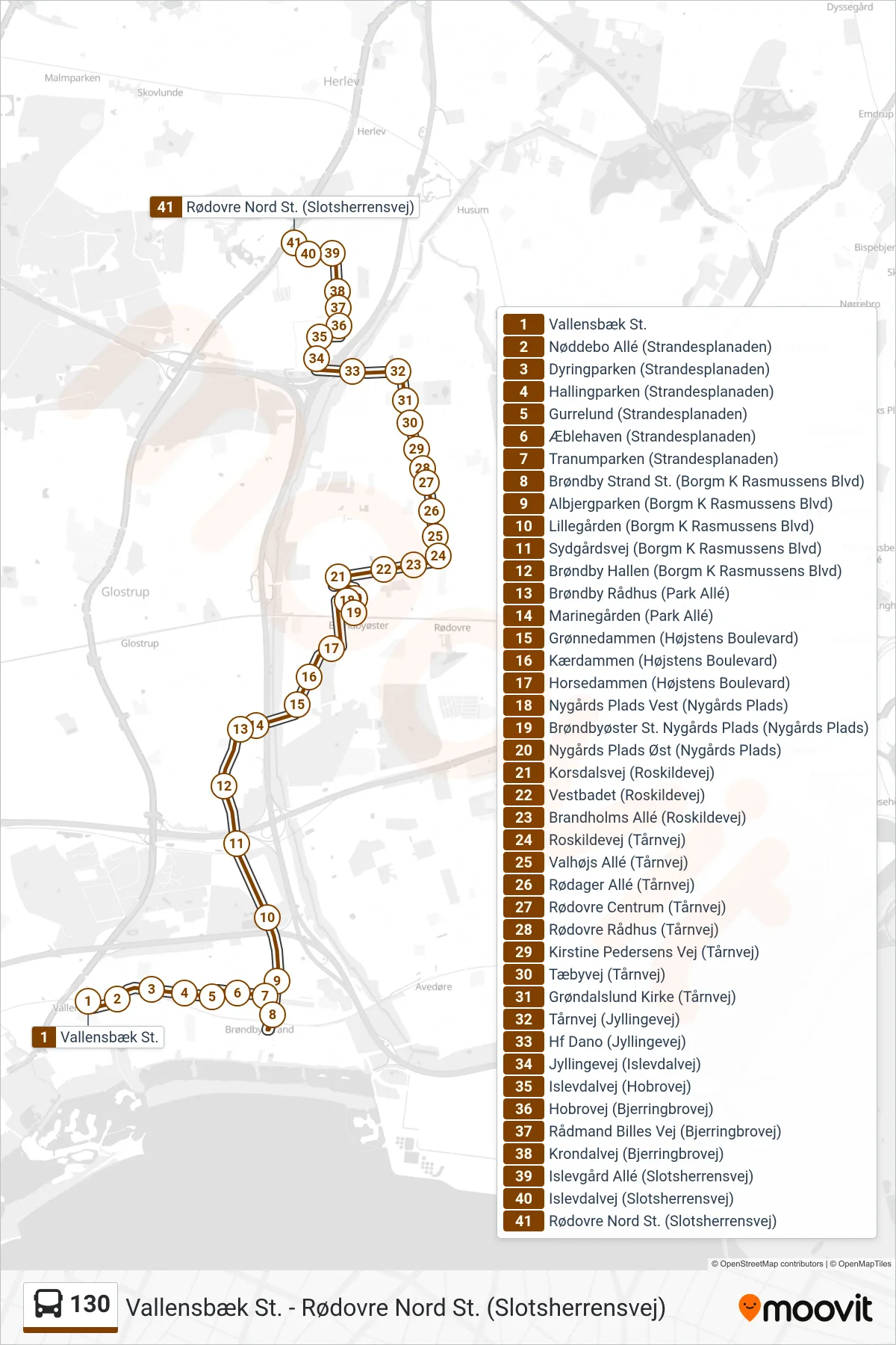 130 bus Linje (Rødovre Nord St.) rute og stop på et kort