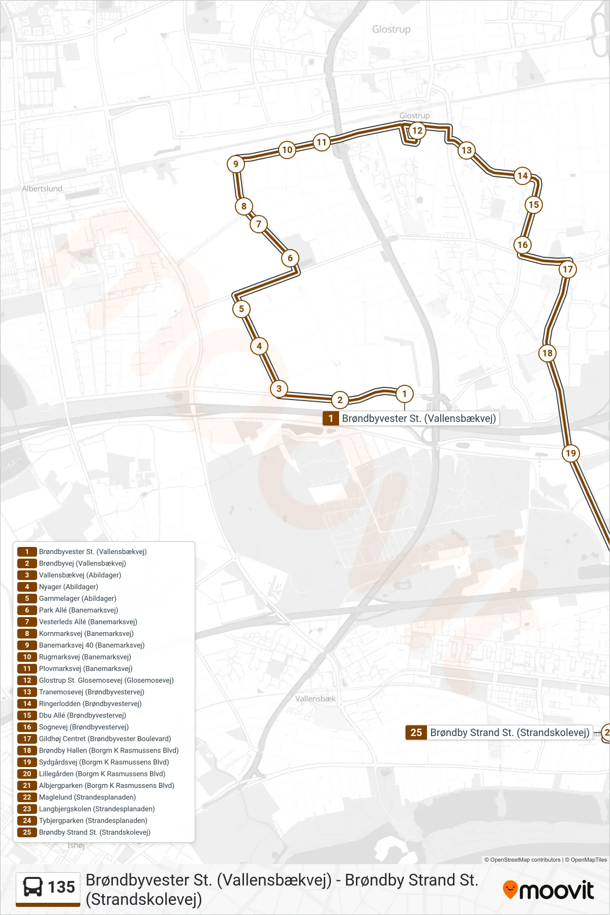 135 bus Linje (Brøndby Strand St.) rute og stop på et kort
