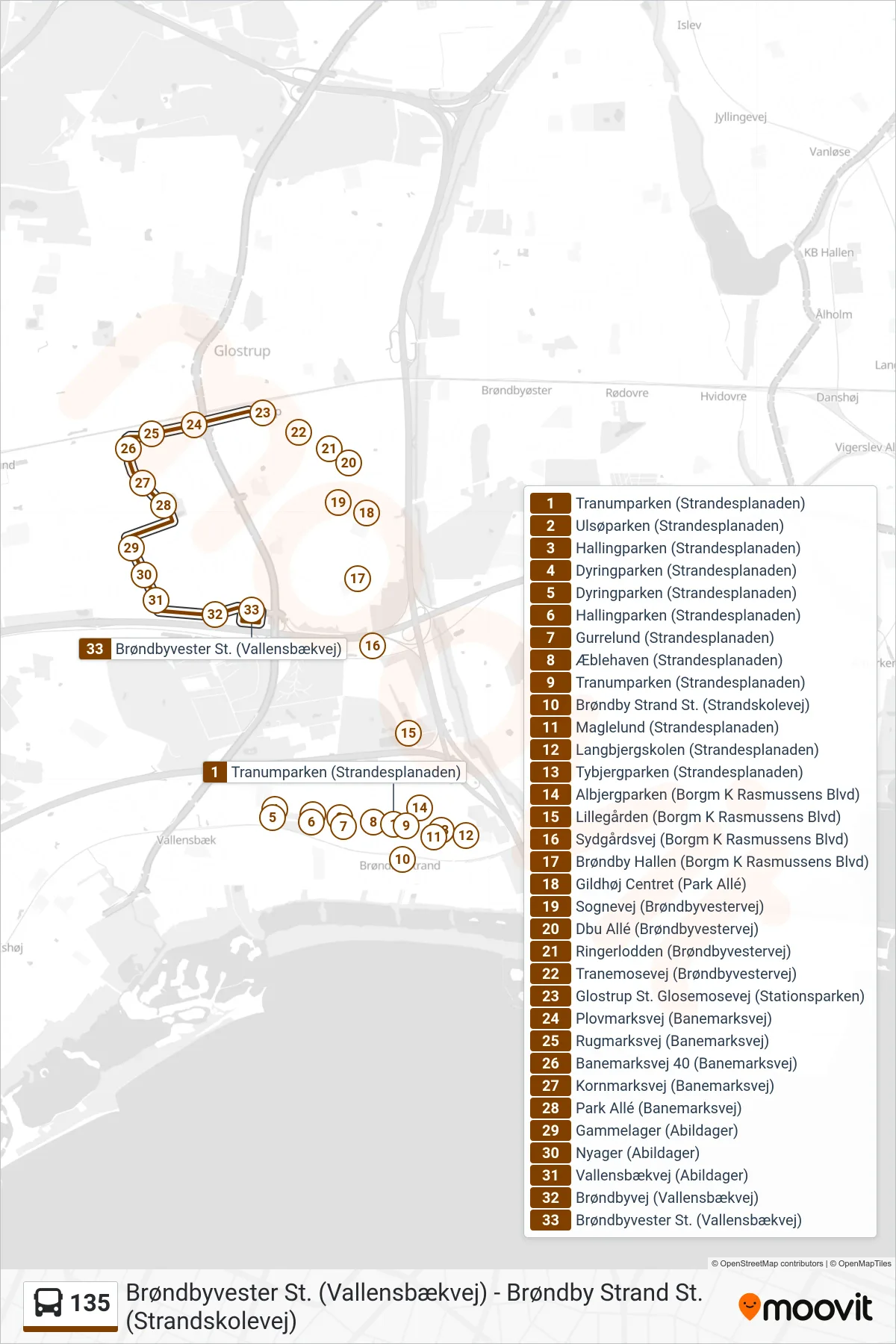 135 bus Linje (Brøndbyvester St.) rute og stop på et kort