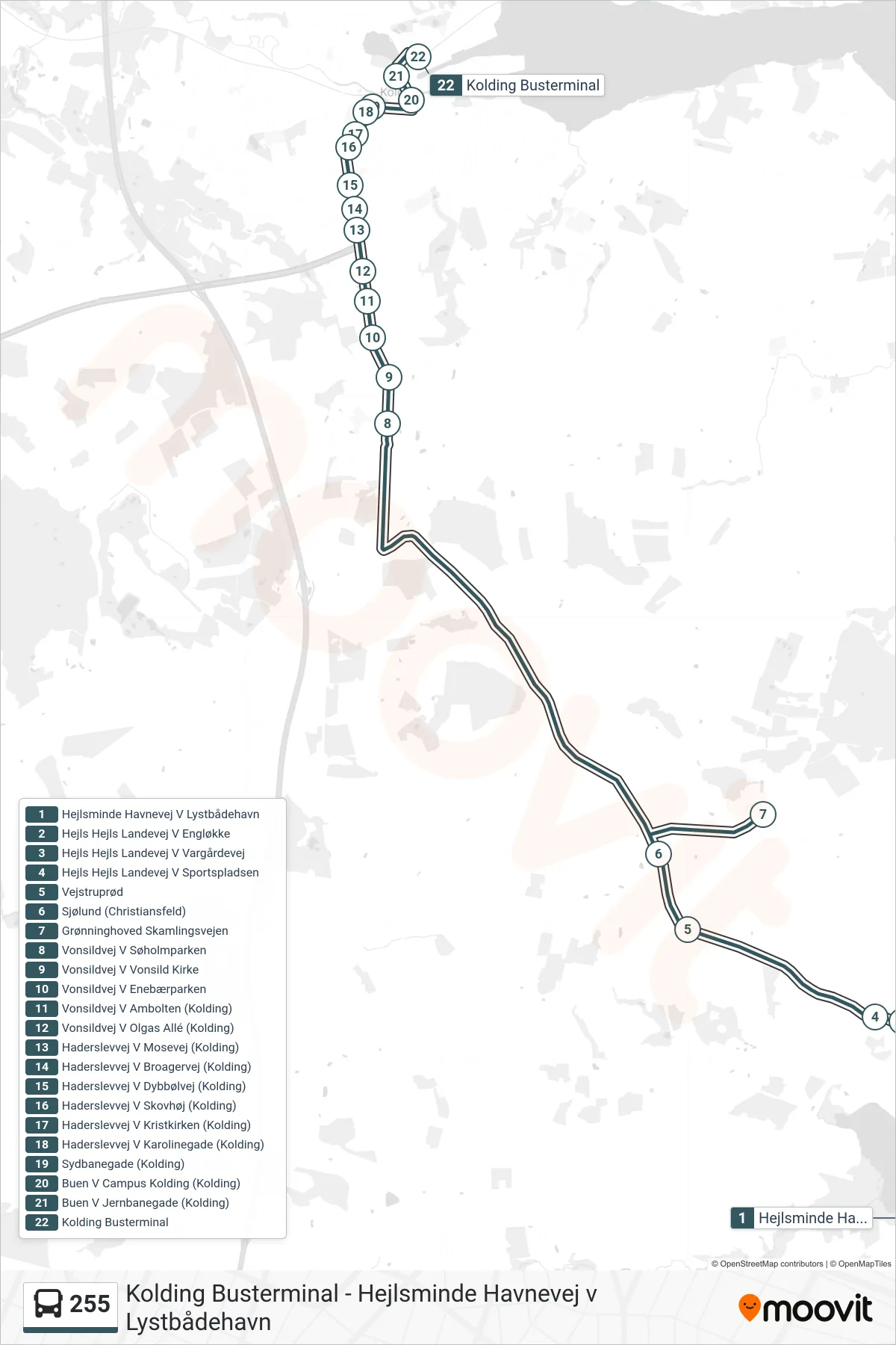 255 bus Linje (Kolding Busterminal) rute og stop på et kort