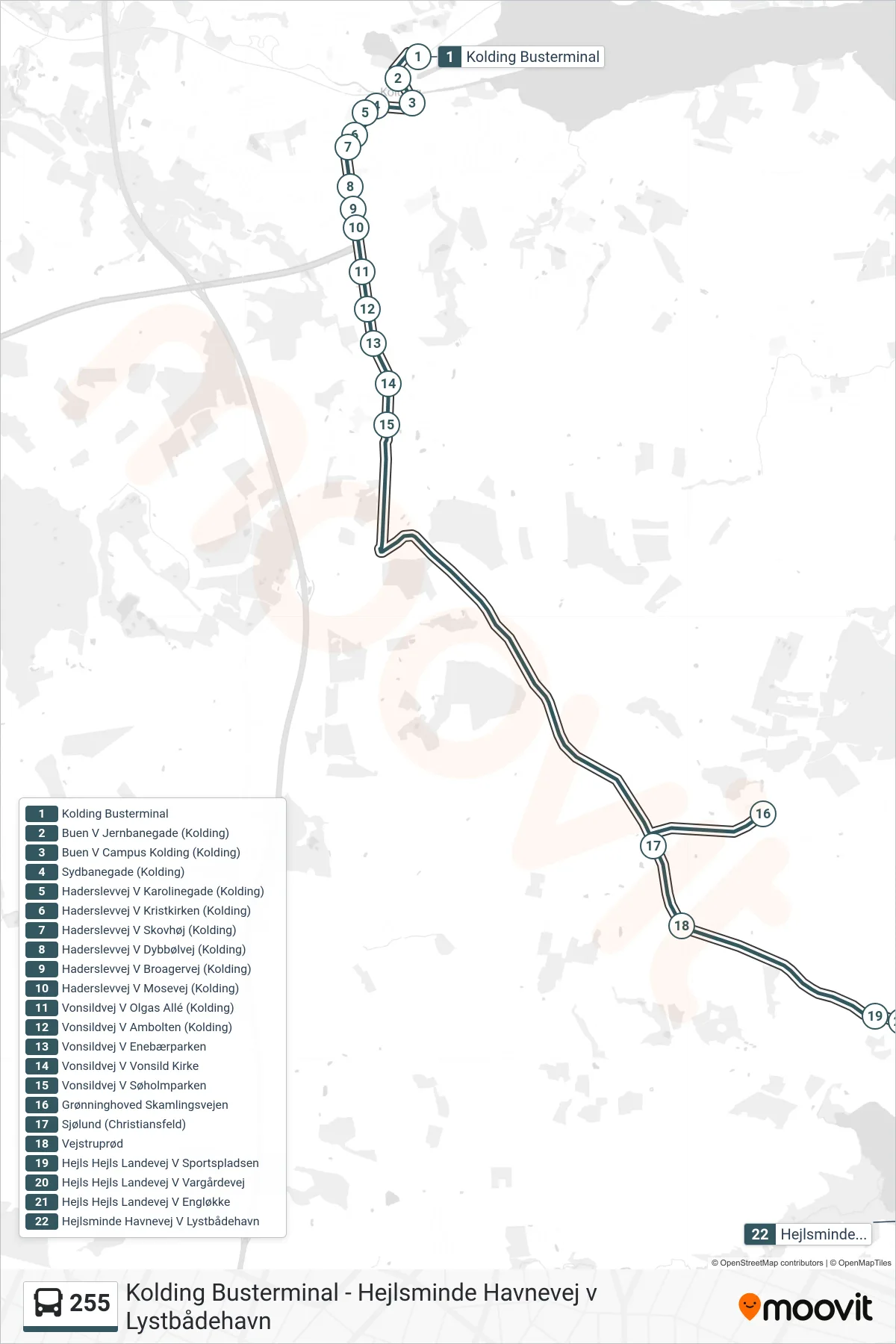 255 bus Linje (Hejlsminde Havnevej V Lystbådehavn) rute og stop på et kort