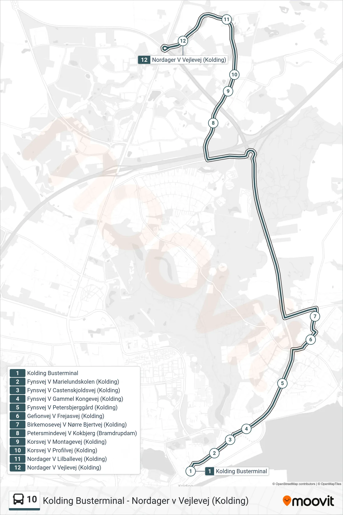 10 bus Linje (Nordager V Vejlevej (Kolding)) rute og stop på et kort