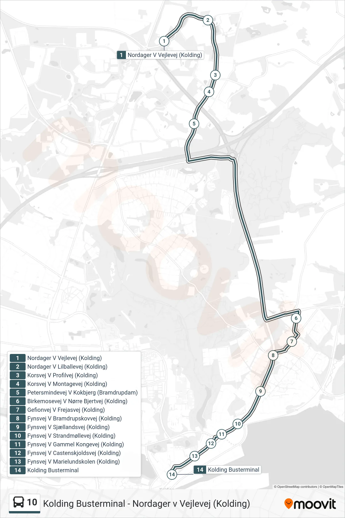 10 bus Linje (Kolding Busterminal) rute og stop på et kort