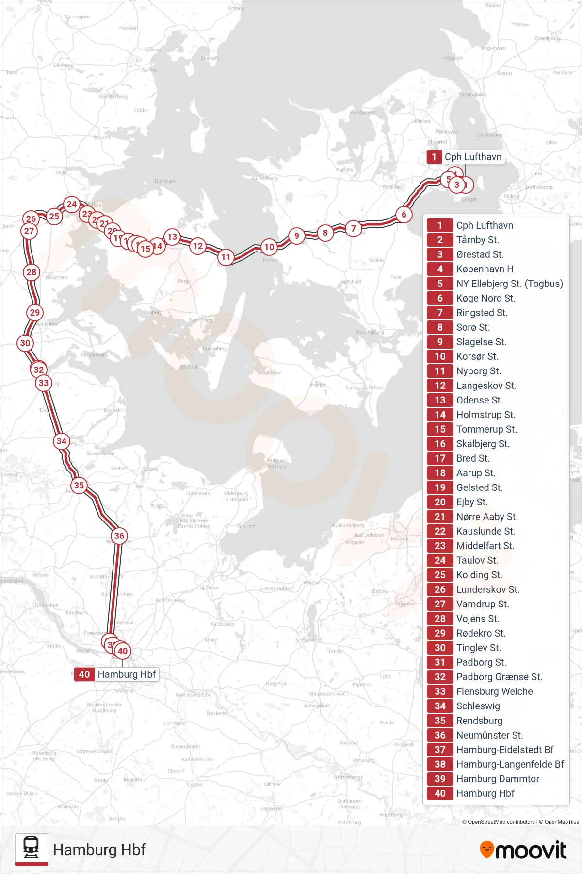 ECE jernbane Linje (Hamburg Hbf) rute og stop på et kort