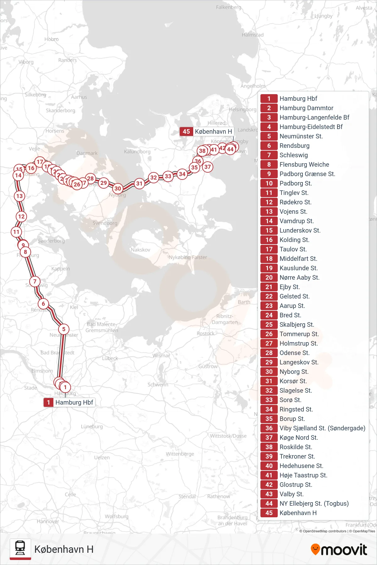 ECE jernbane Linje (København H) rute og stop på et kort