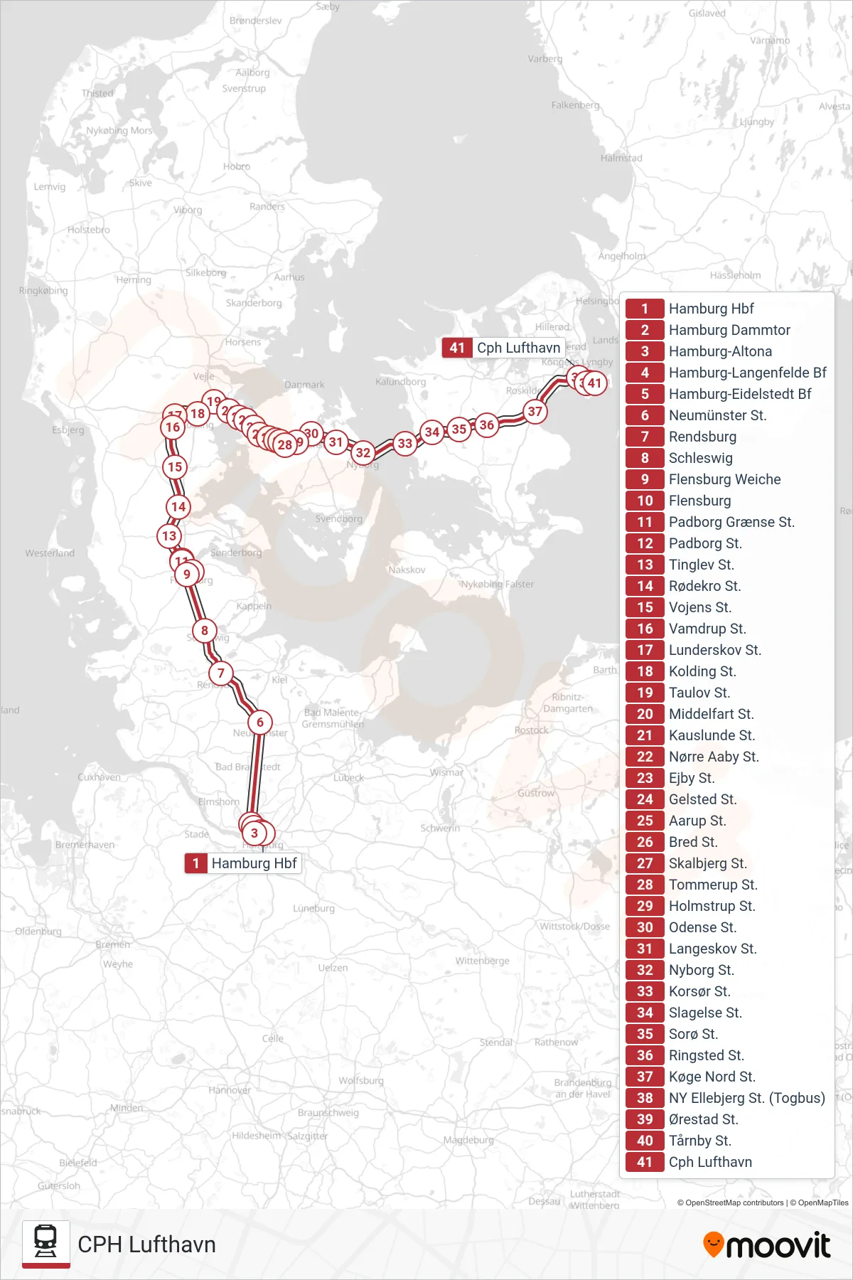 ECE jernbane Linje (CPH Lufthavn) rute og stop på et kort
