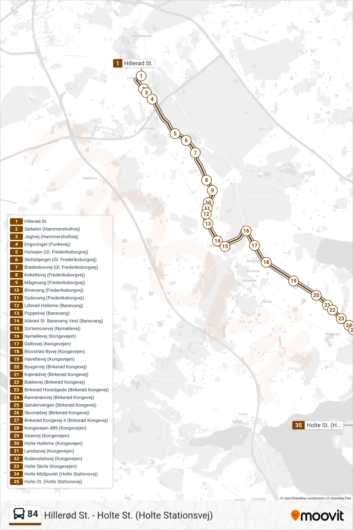 84 bus Linje (Holte St.) rute og stop på et kort