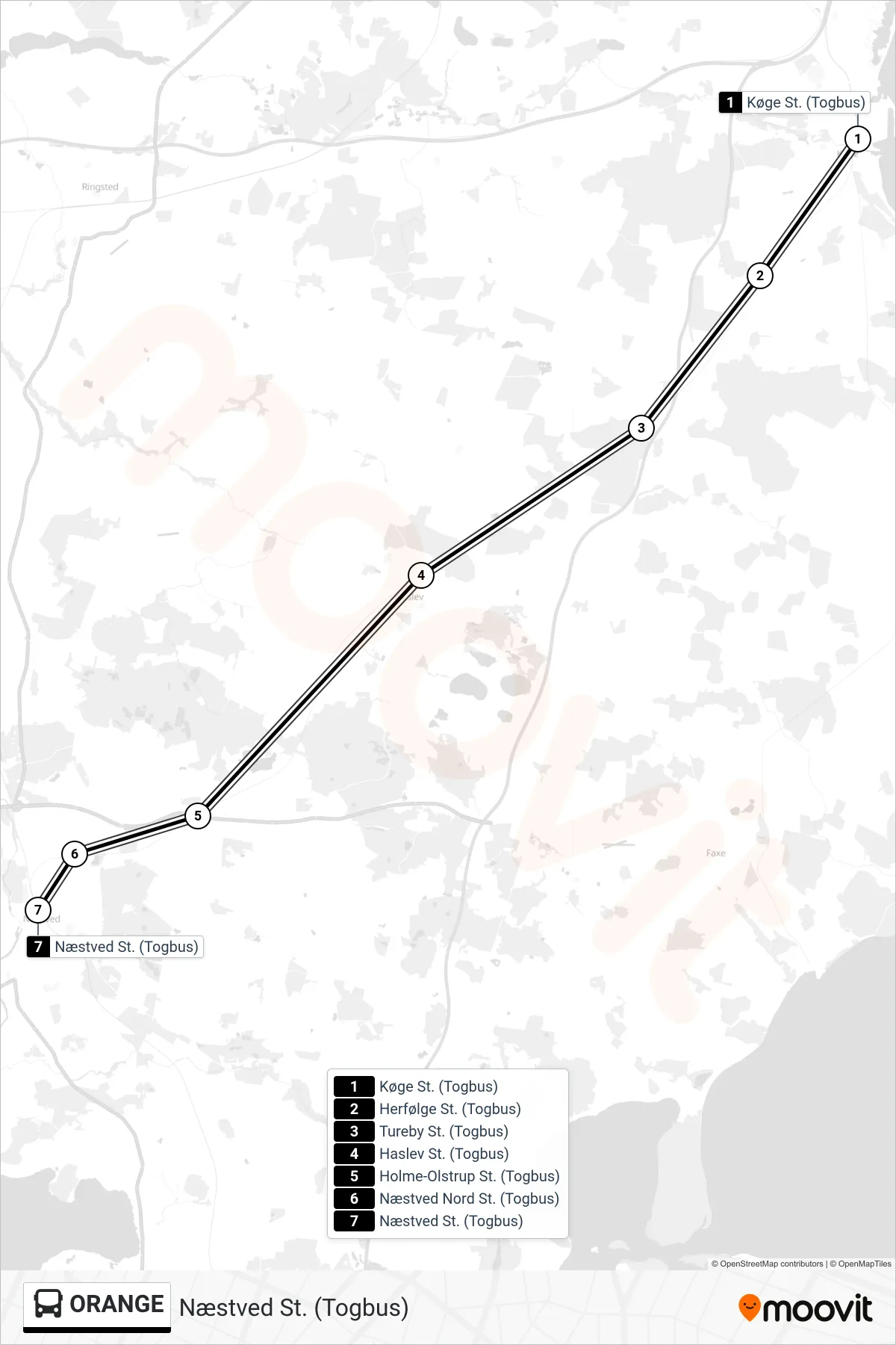 ORANGE bus Linje (Næstved St. (Togbus)) rute og stop på et kort