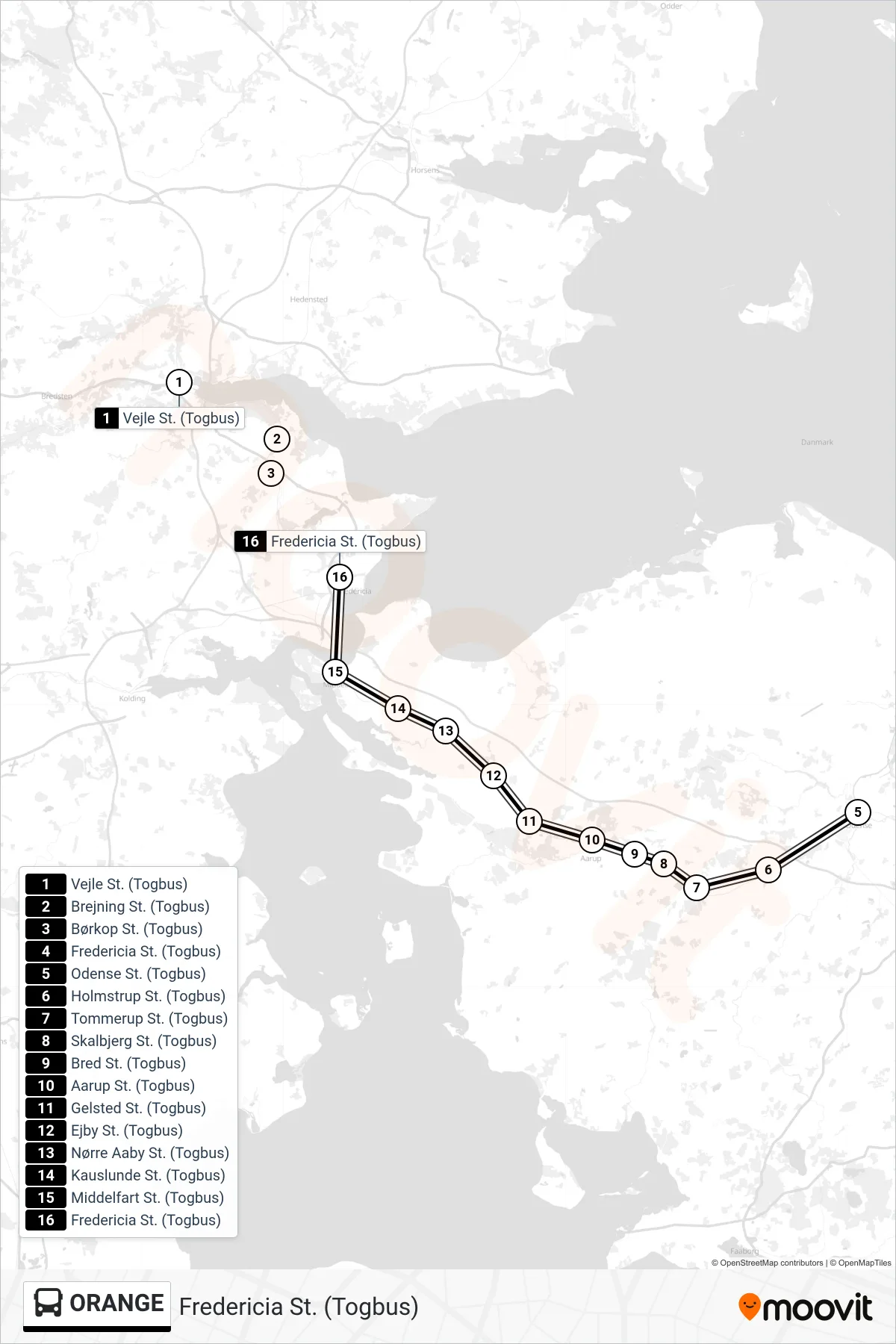 ORANGE bus Linje (Fredericia St. (Togbus)) rute og stop på et kort