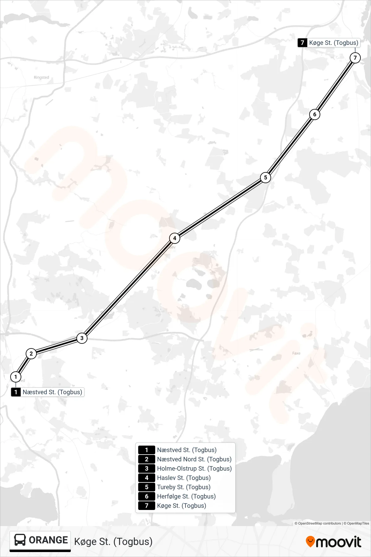 ORANGE bus Linje (Køge St. (Togbus)) rute og stop på et kort