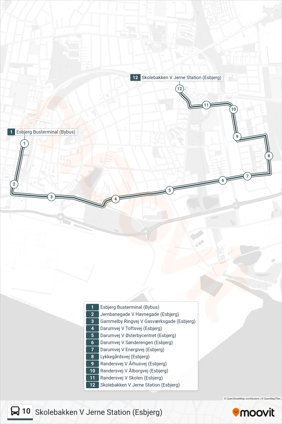 10 bus Linje (Skolebakken V Jerne Station (Esbjerg)) rute og stop på et kort