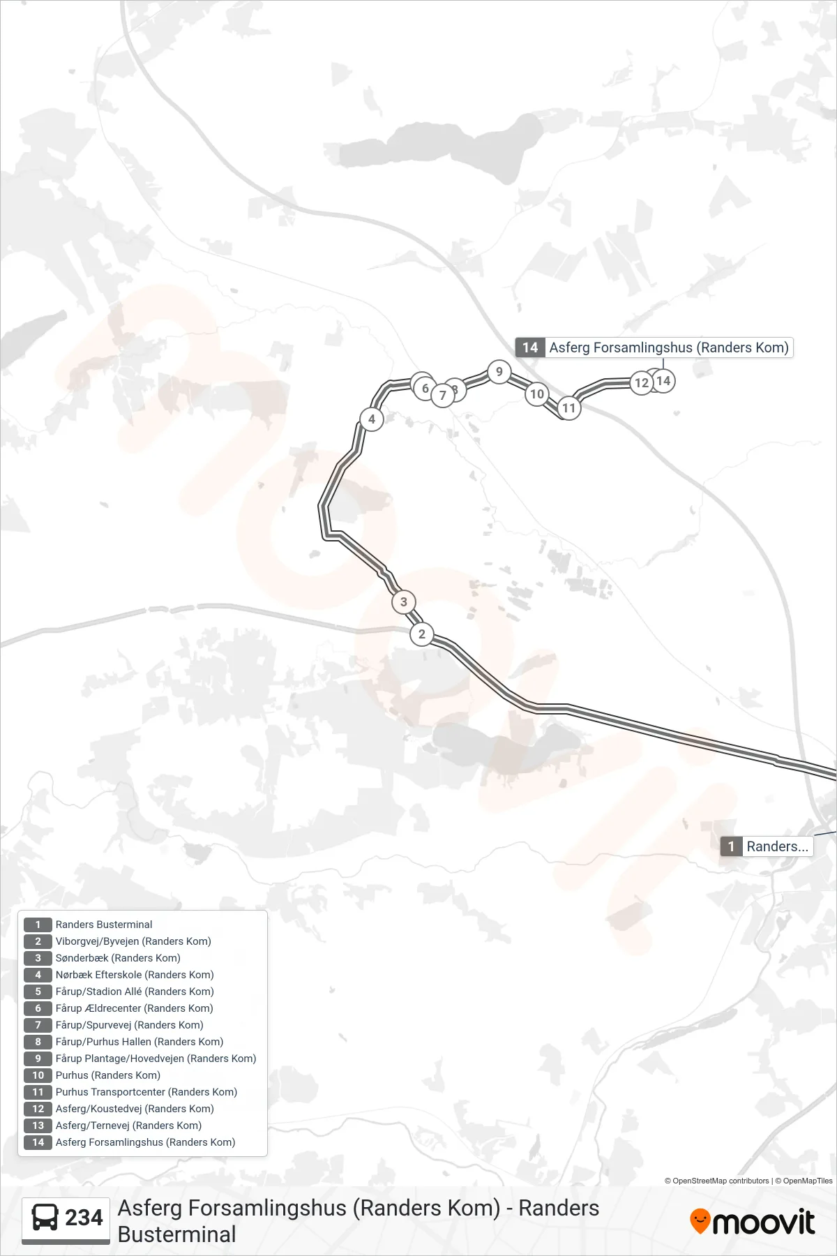 234 bus Linje (Asferg Forsamlingshus (Randers Kom)) rute og stop på et kort