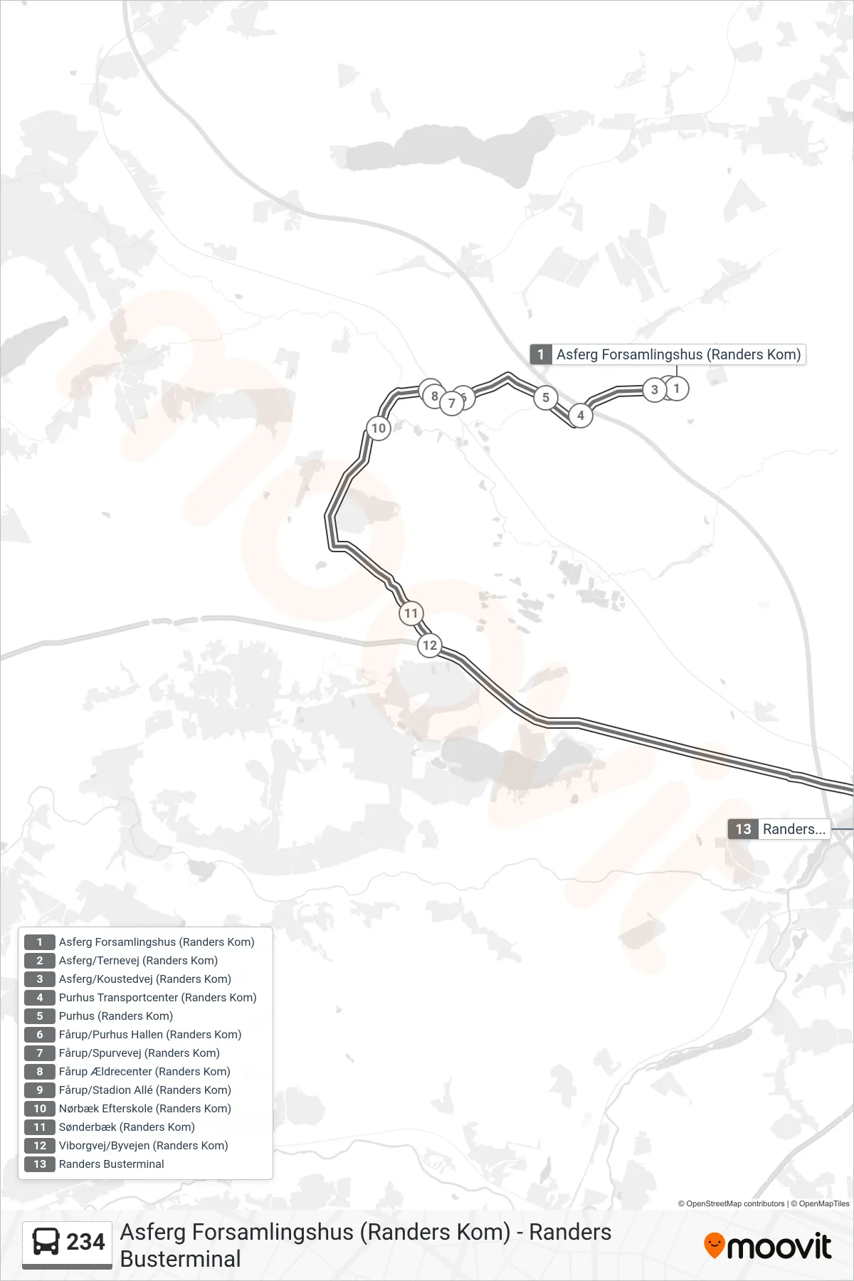234 bus Linje (Randers Busterminal) rute og stop på et kort