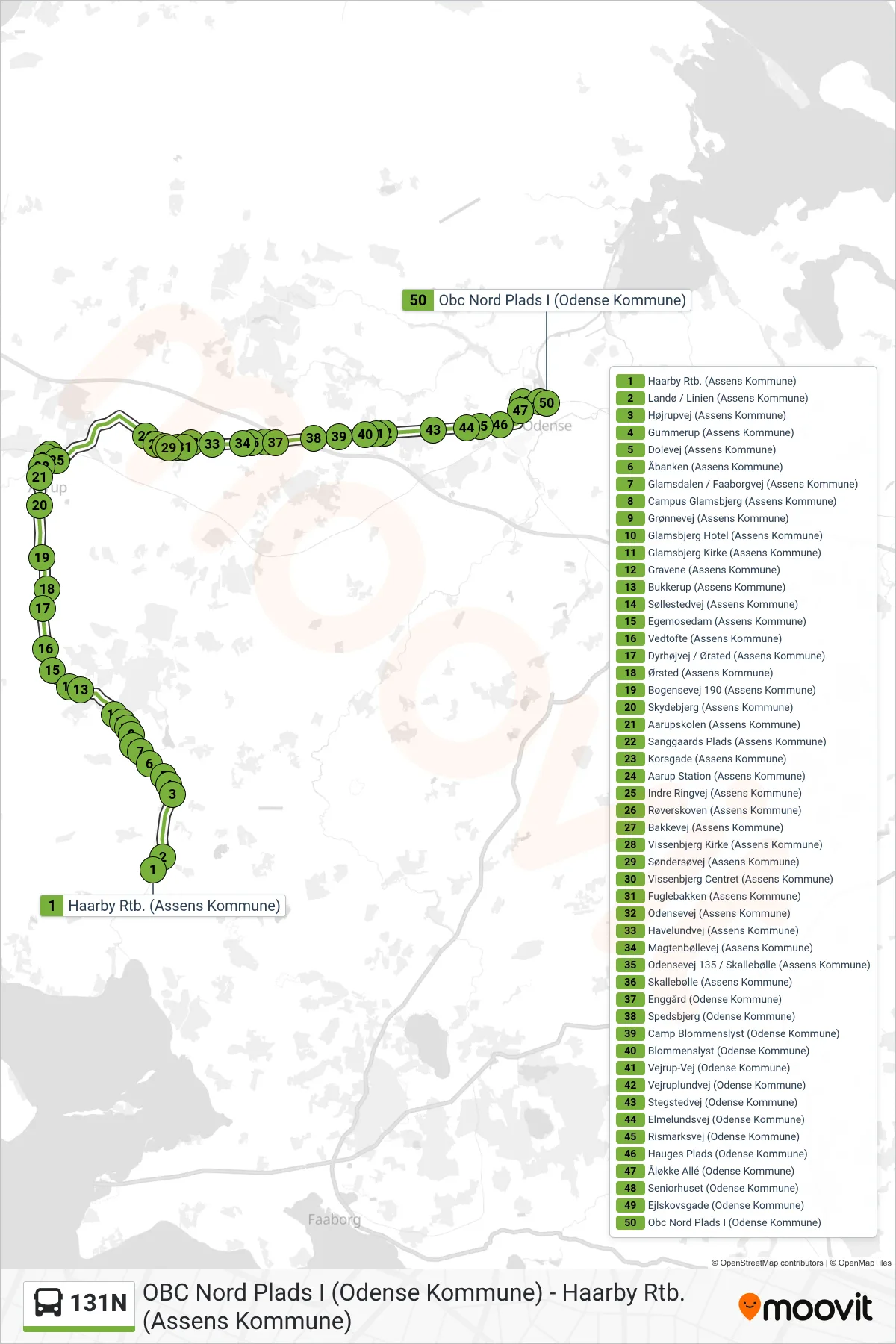 131N bus Linje (Odense) rute og stop på et kort