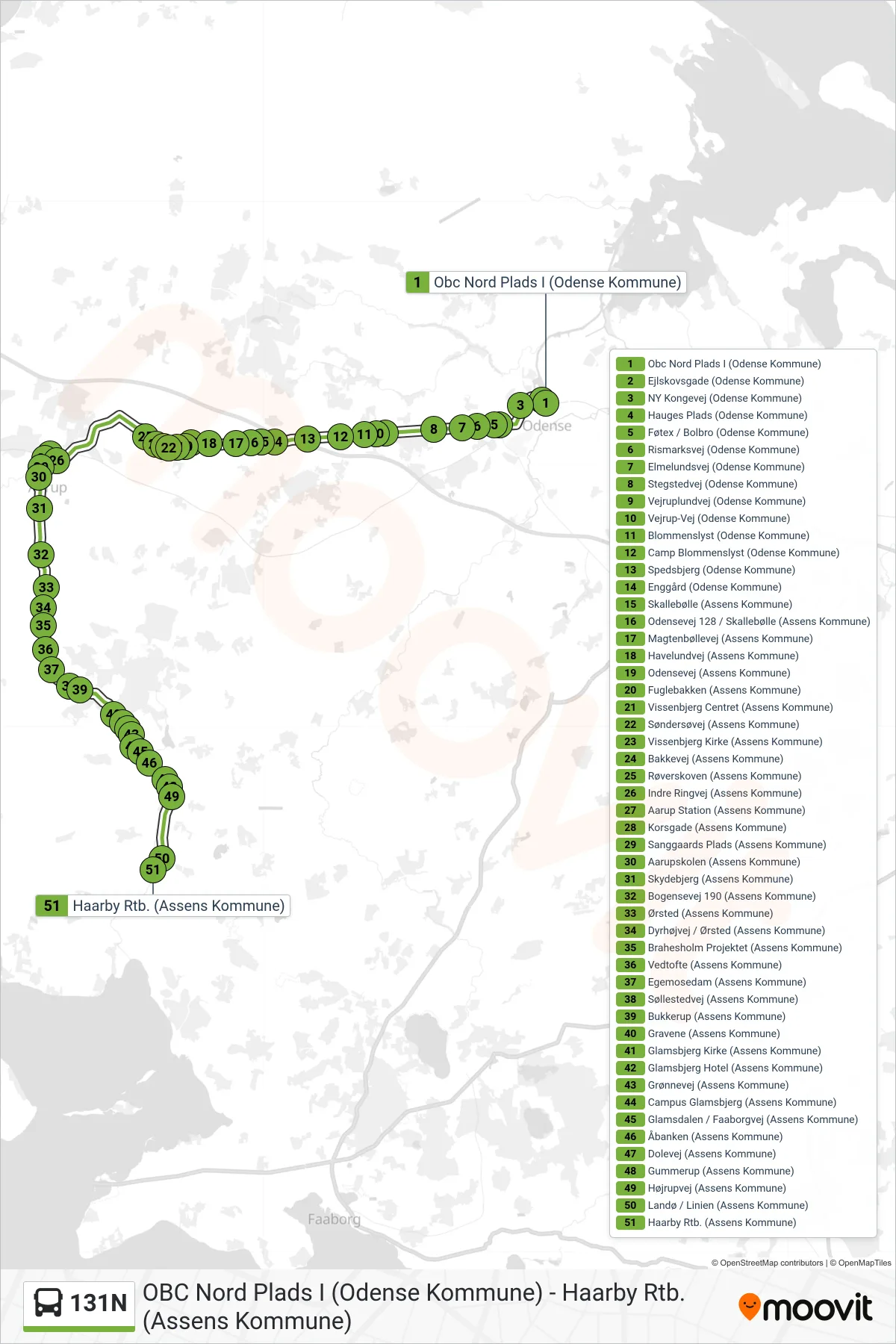 131N bus Linje (Haarby) rute og stop på et kort