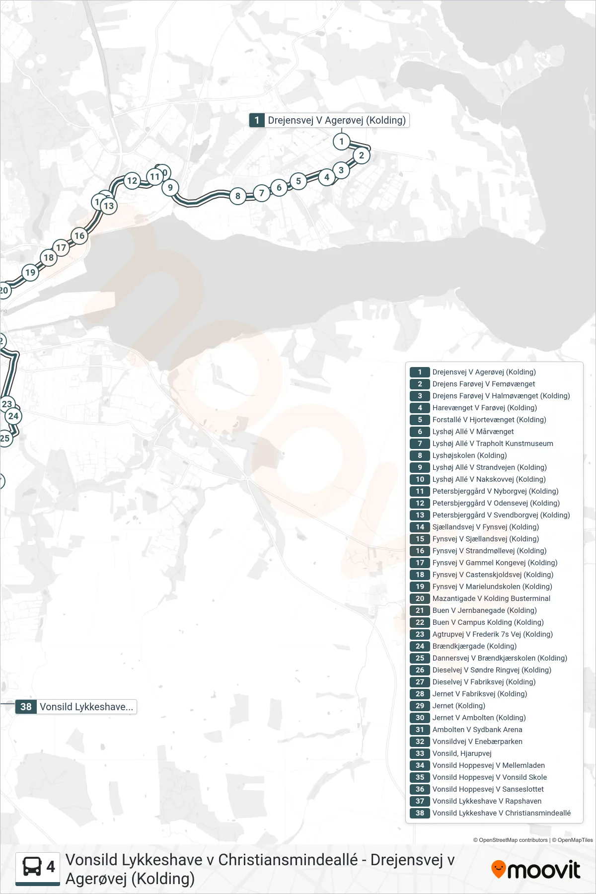 4 bus Linje (Vonsild Lykkeshave V Christiansmindeallé) rute og stop på et kort