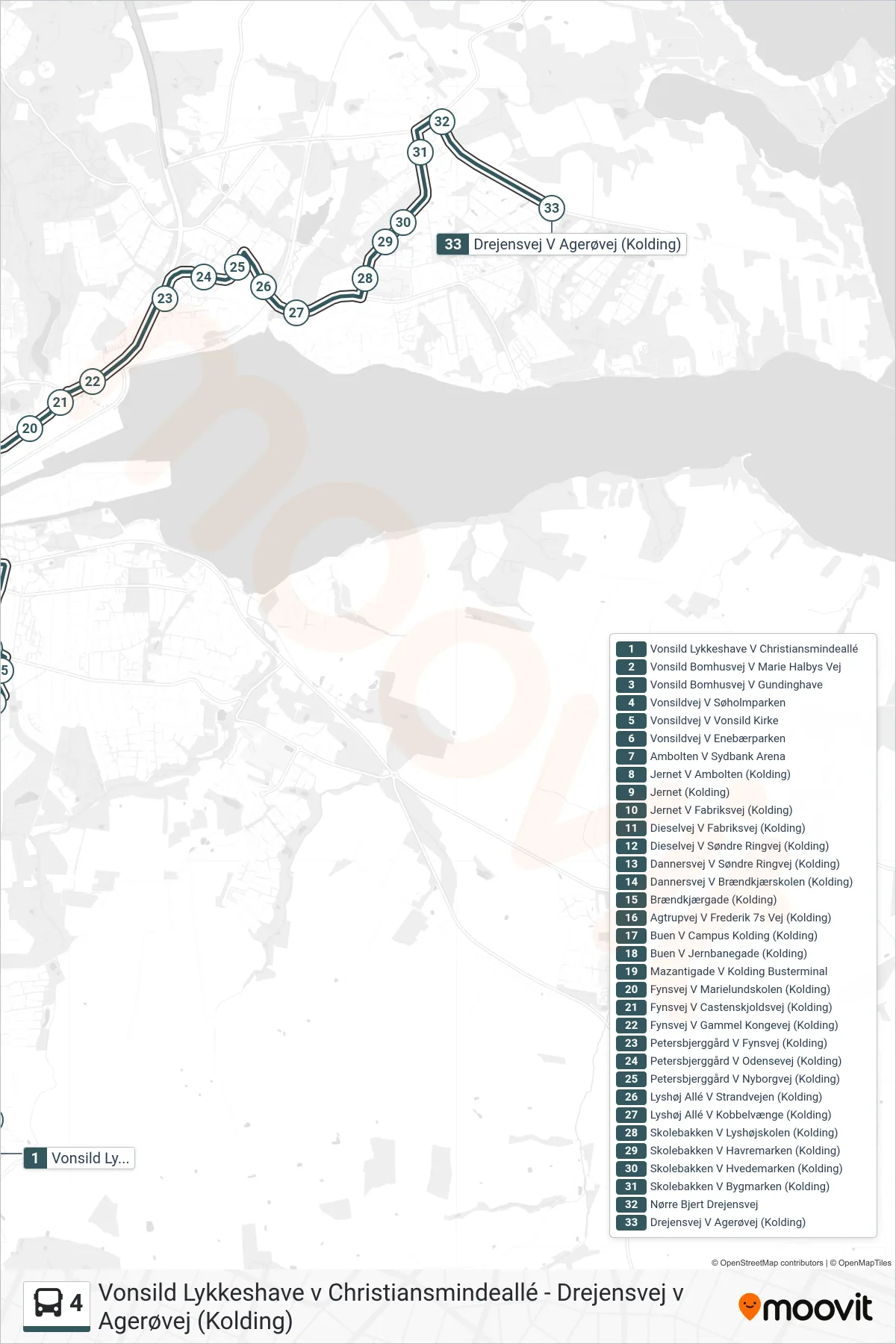 4 bus Linje (Drejensvej V Agerøvej (Kolding)) rute og stop på et kort