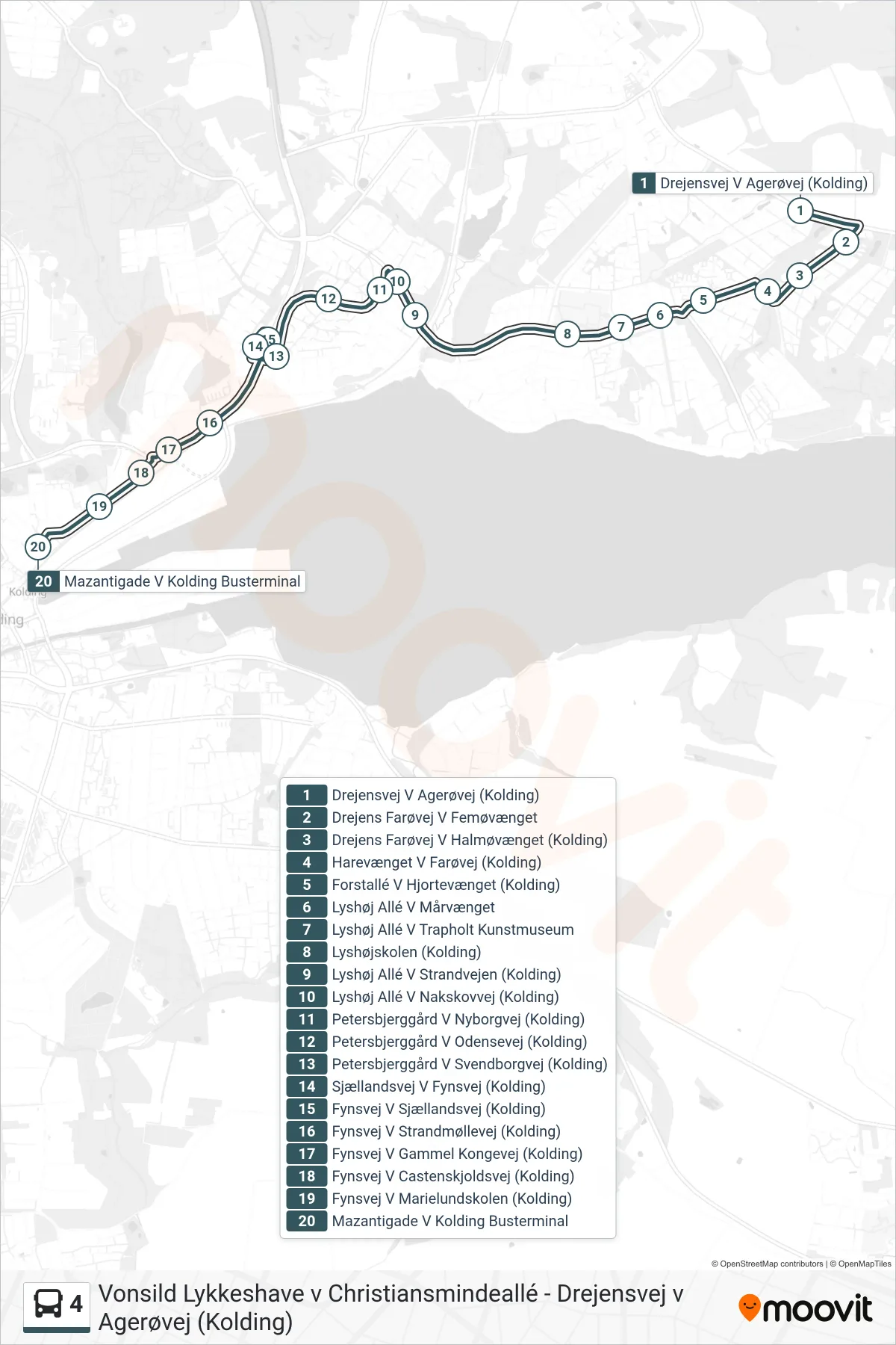 4 bus Linje (Busterminalen) rute og stop på et kort