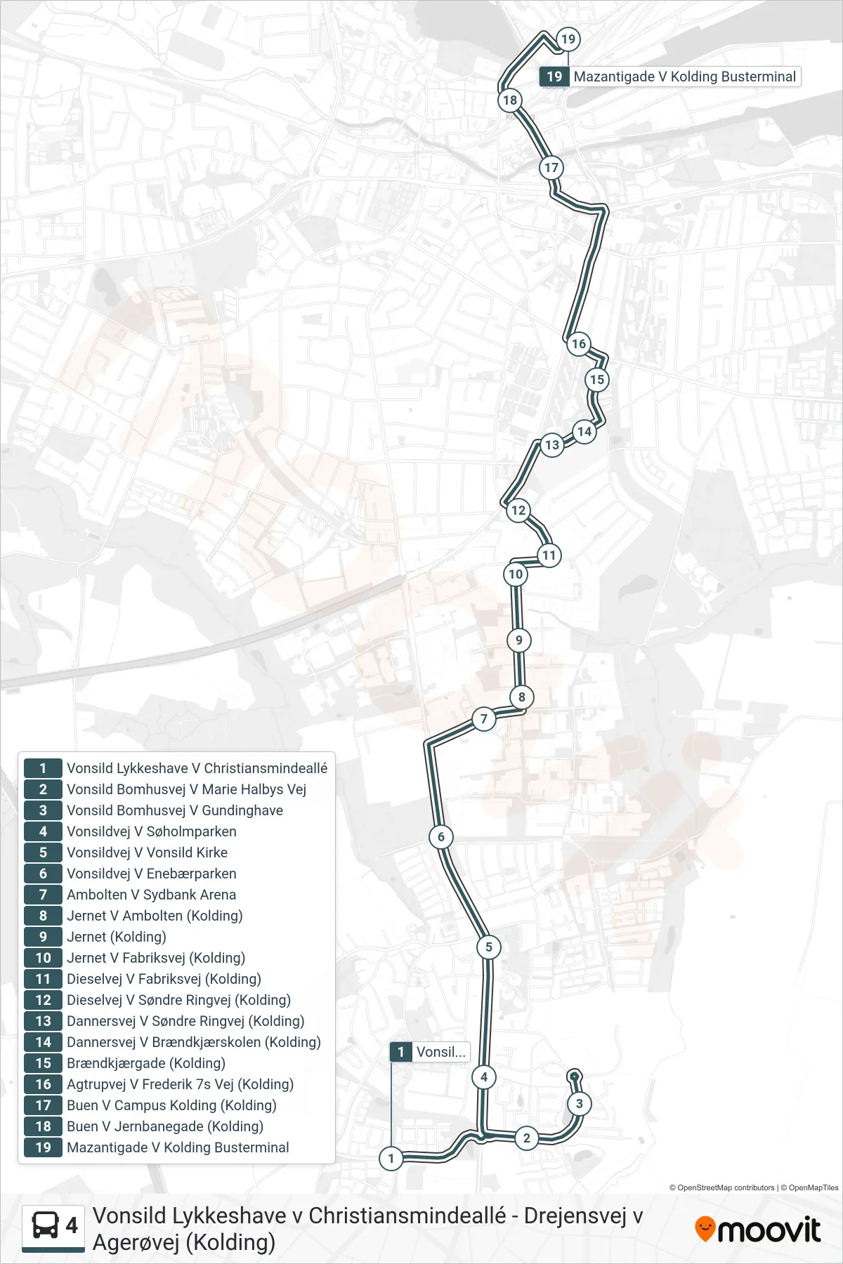 4 bus Linje (Busterminalen) rute og stop på et kort