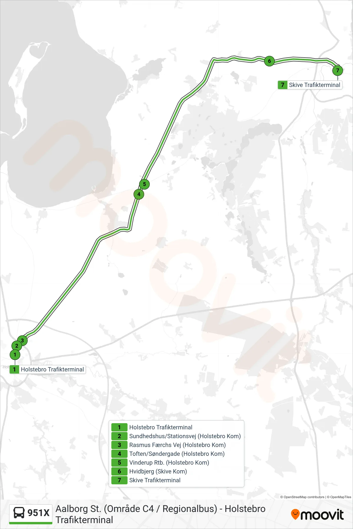 951X bus Linje (Skive / (Aalborg)) rute og stop på et kort