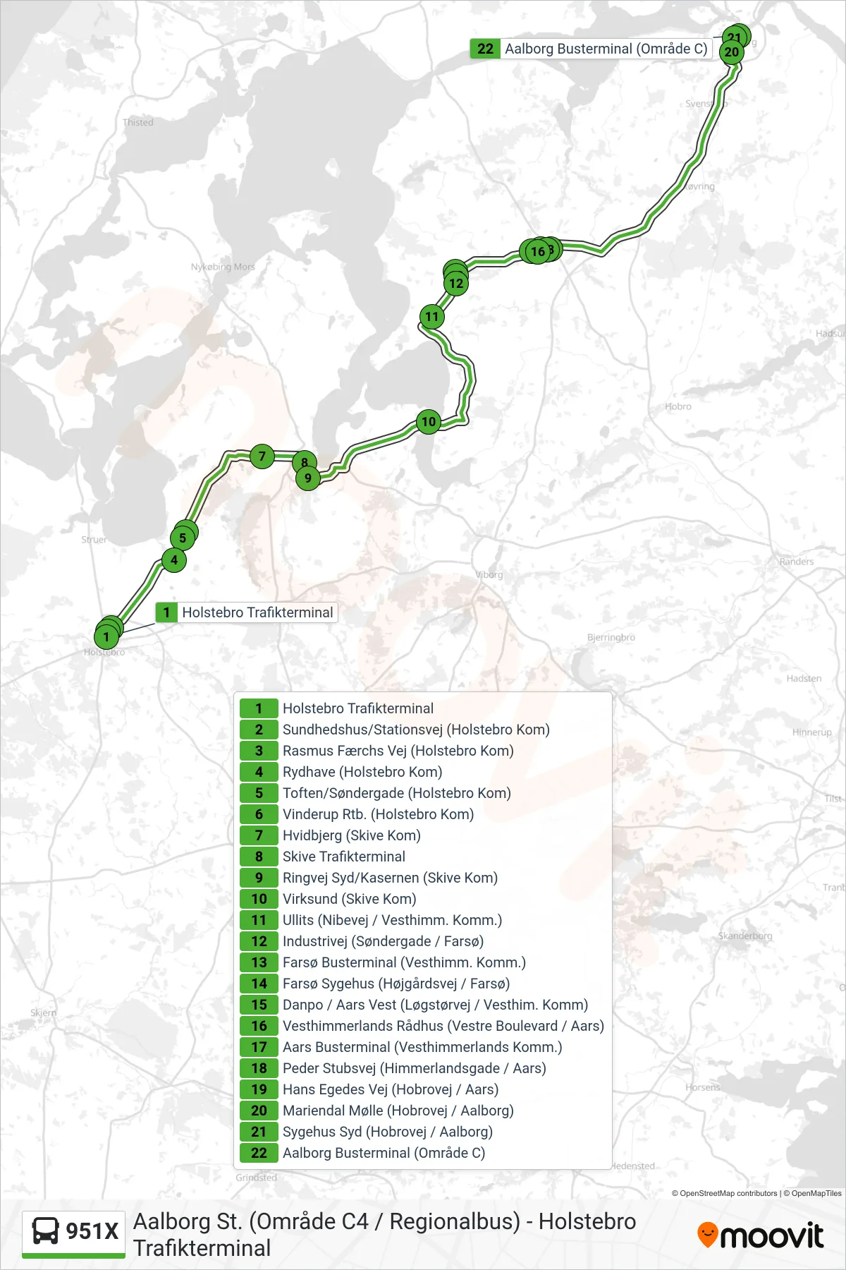 951X bus Linje (Aalborg St.) rute og stop på et kort