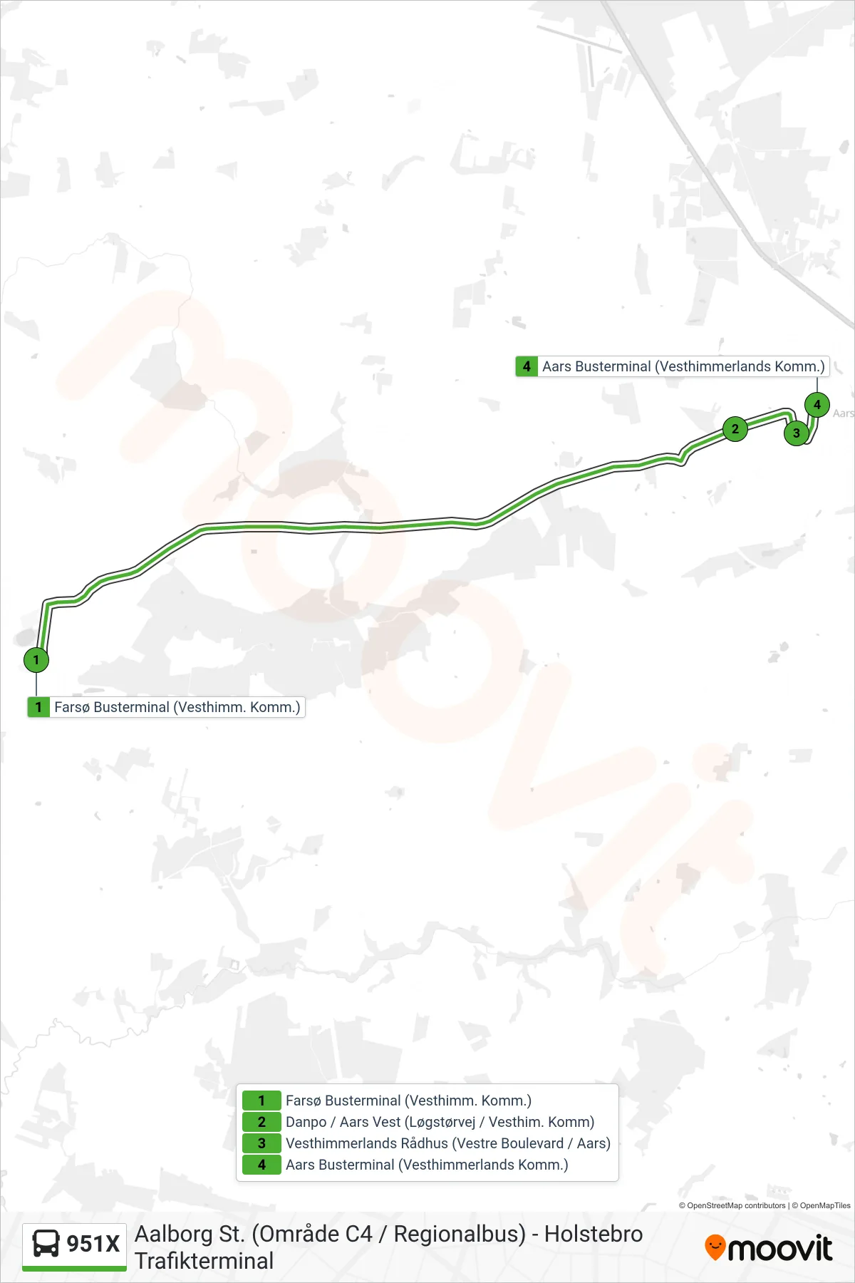951X bus Linje (Aars) rute og stop på et kort