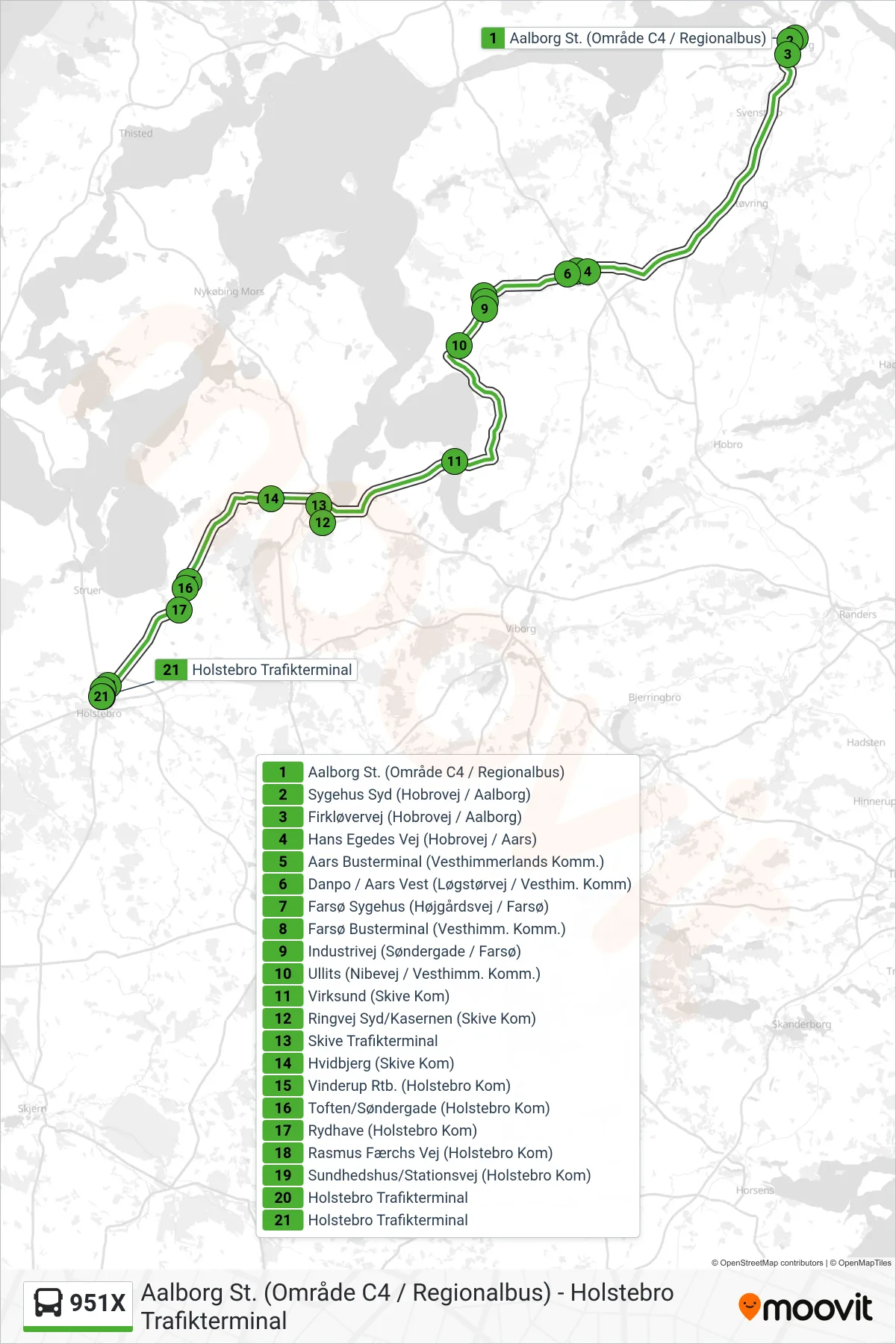 951X bus Linje (Holstebro) rute og stop på et kort