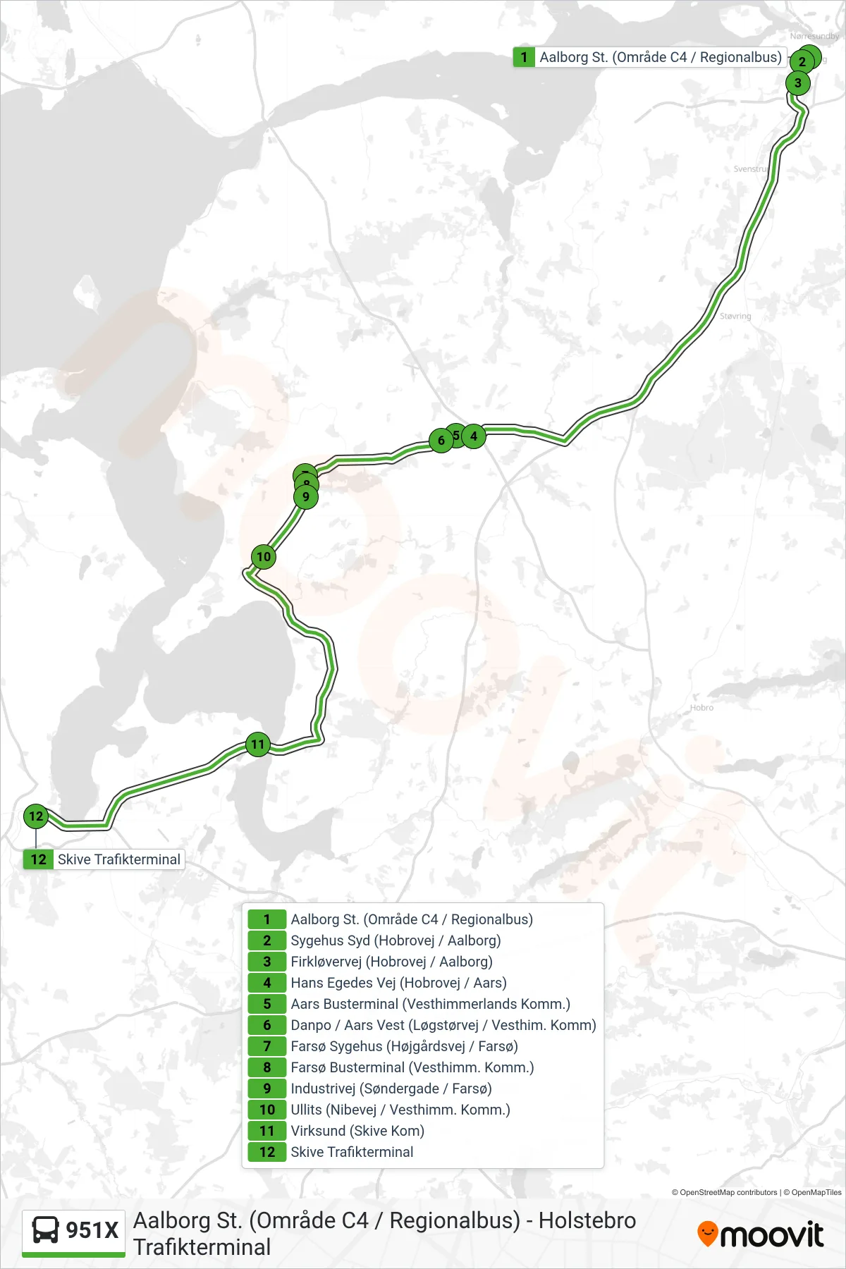 951X bus Linje (Skive) rute og stop på et kort