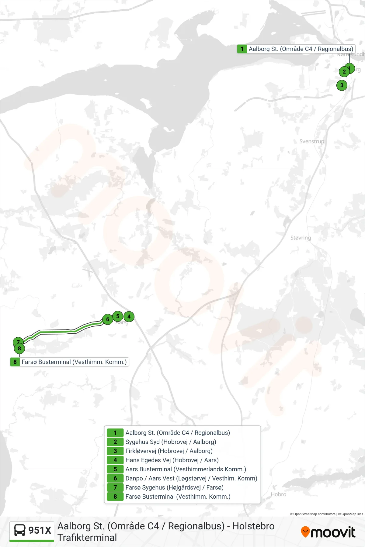 951X bus Linje (Farsø) rute og stop på et kort