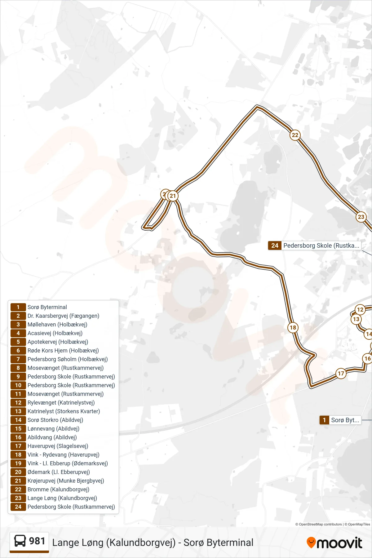 981 bus Linje (Pedersborg Skole) rute og stop på et kort