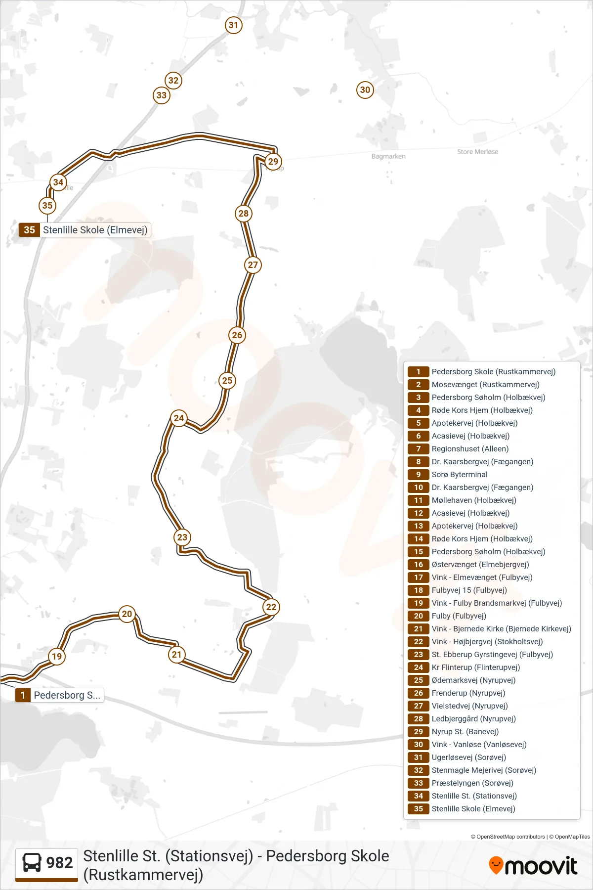982 bus Linje (Stenlille Skole) rute og stop på et kort