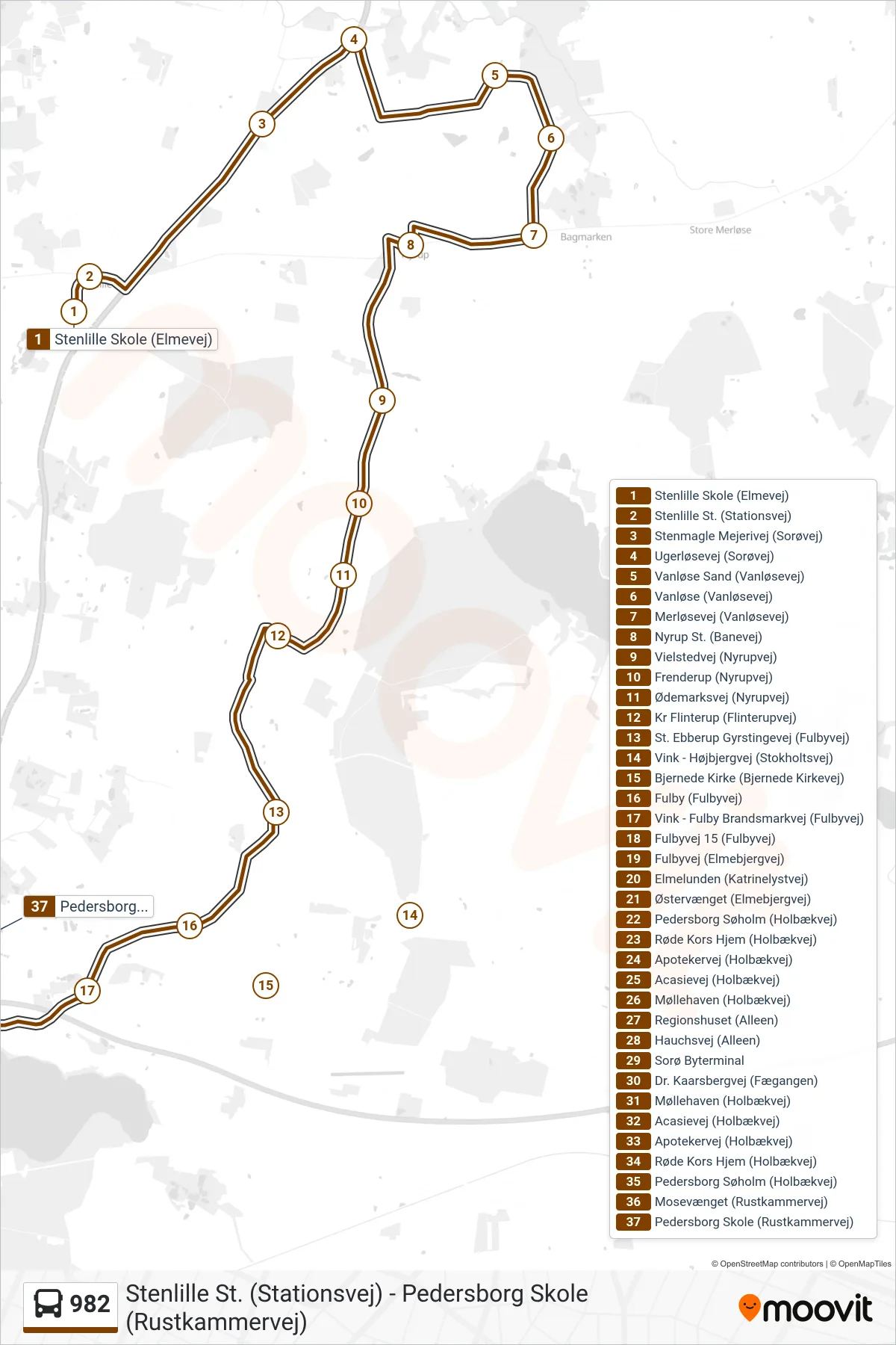 982 bus Linje (Pedersborg Skole) rute og stop på et kort