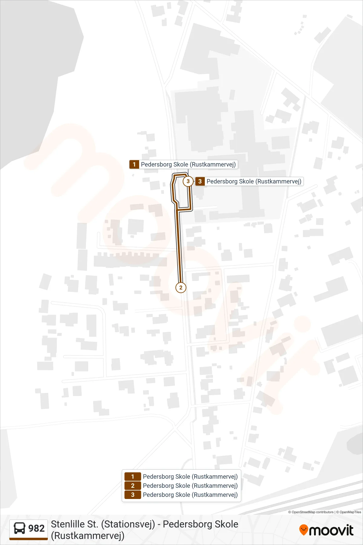 982 bus Linje (Pedersborg Skole) rute og stop på et kort