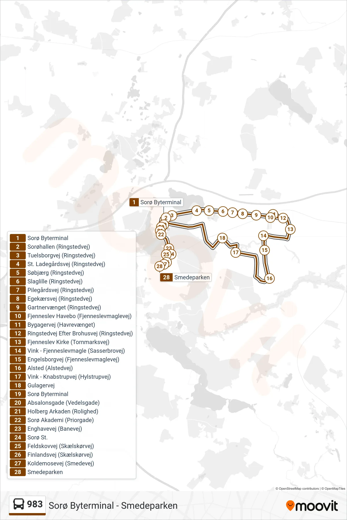 983 bus Linje (Smedeparken) rute og stop på et kort