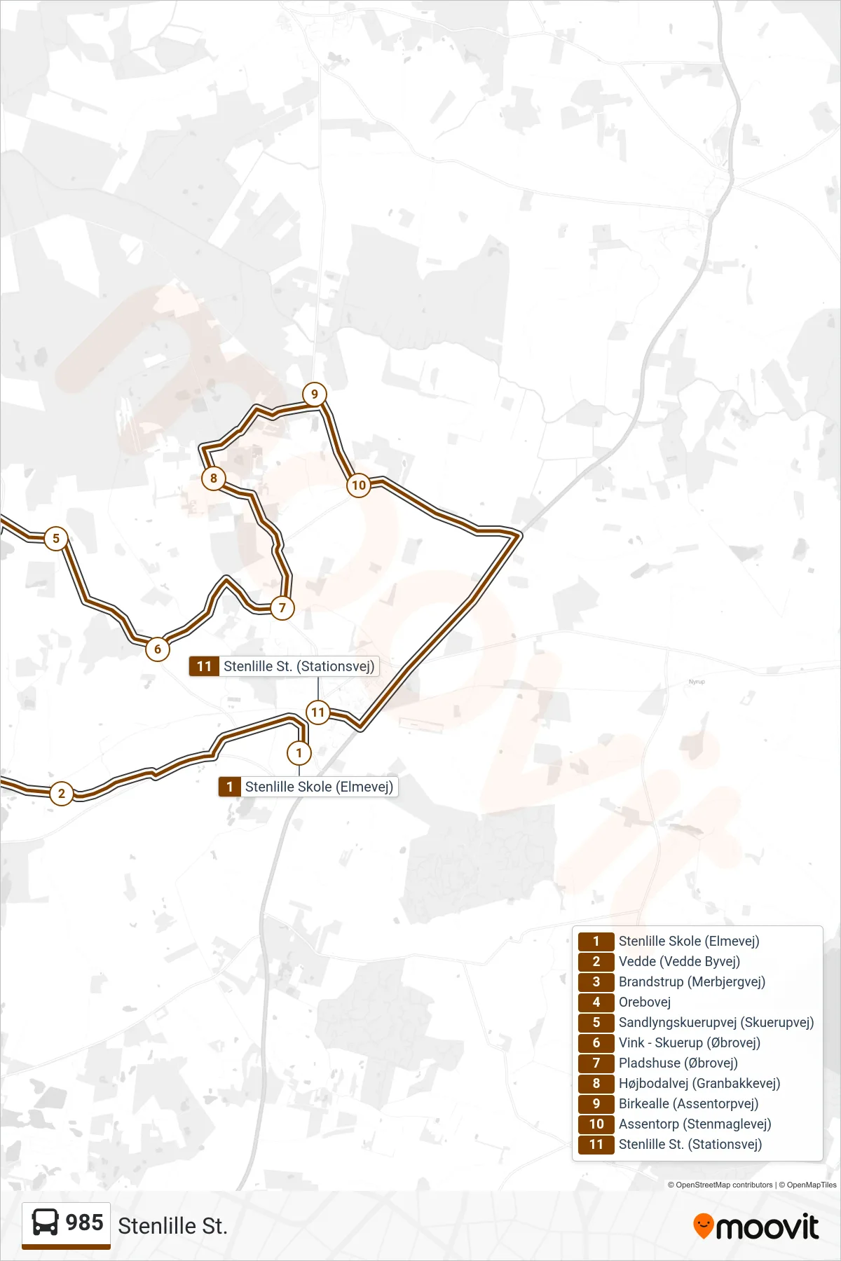 985 bus Linje (Stenlille St.) rute og stop på et kort