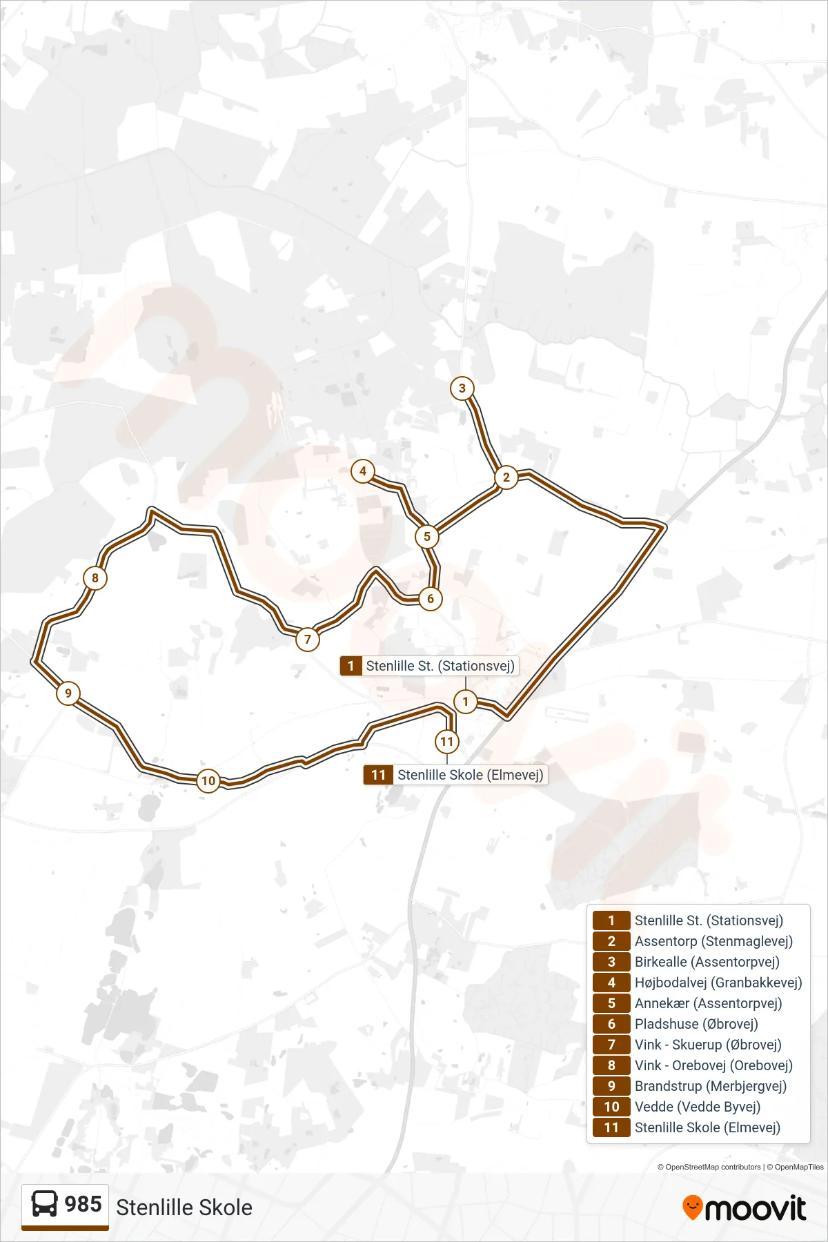 985 bus Linje (Stenlille Skole) rute og stop på et kort