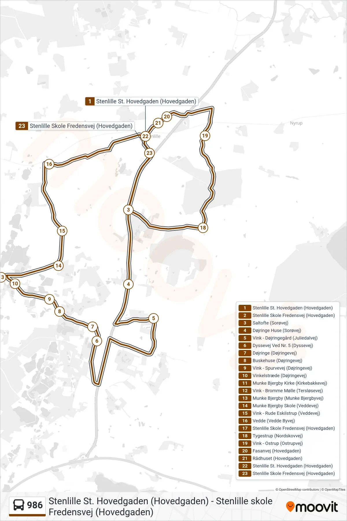 986 bus Linje (Stenlille Skole) rute og stop på et kort