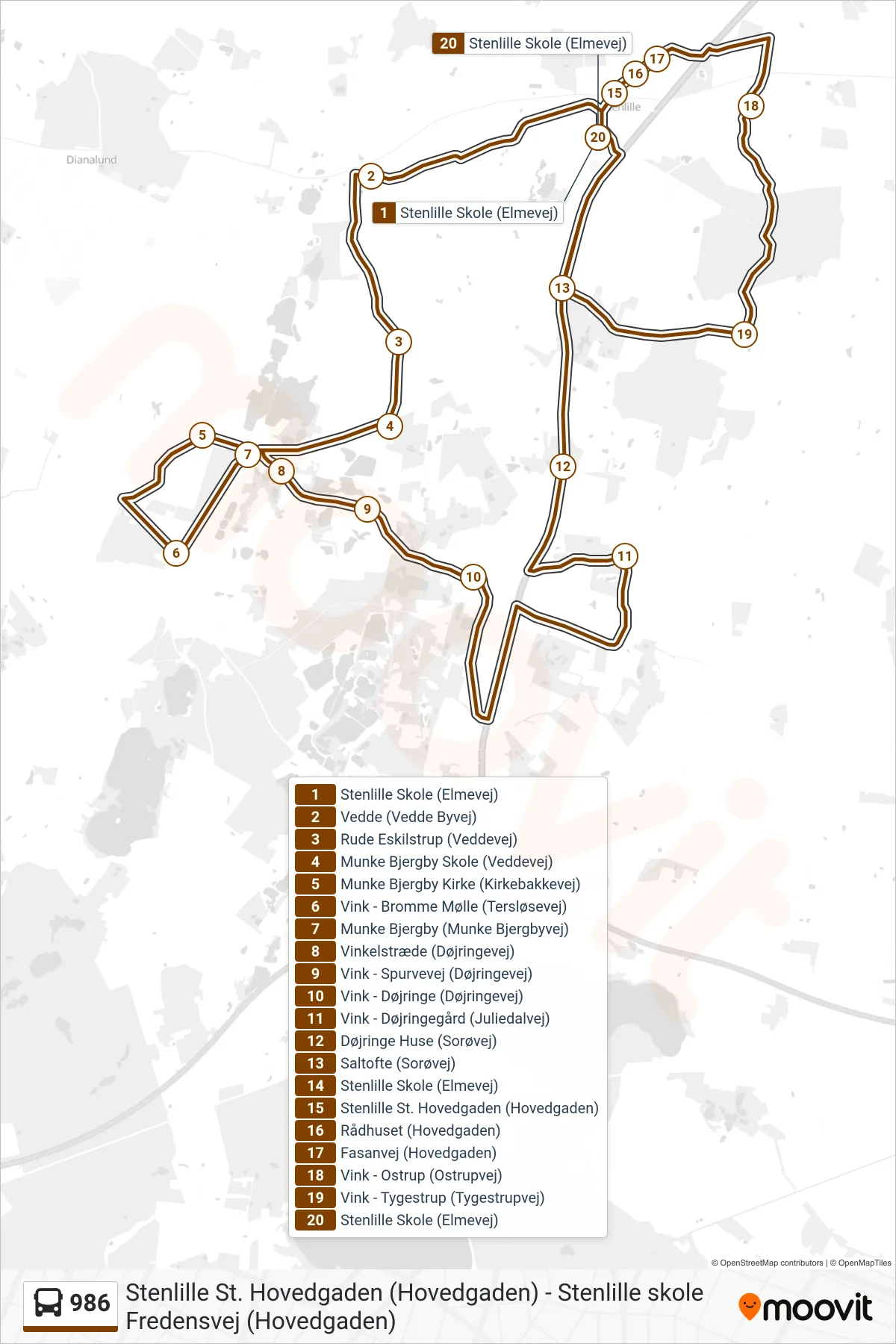 986 bus Linje (Stenlille Skole) rute og stop på et kort