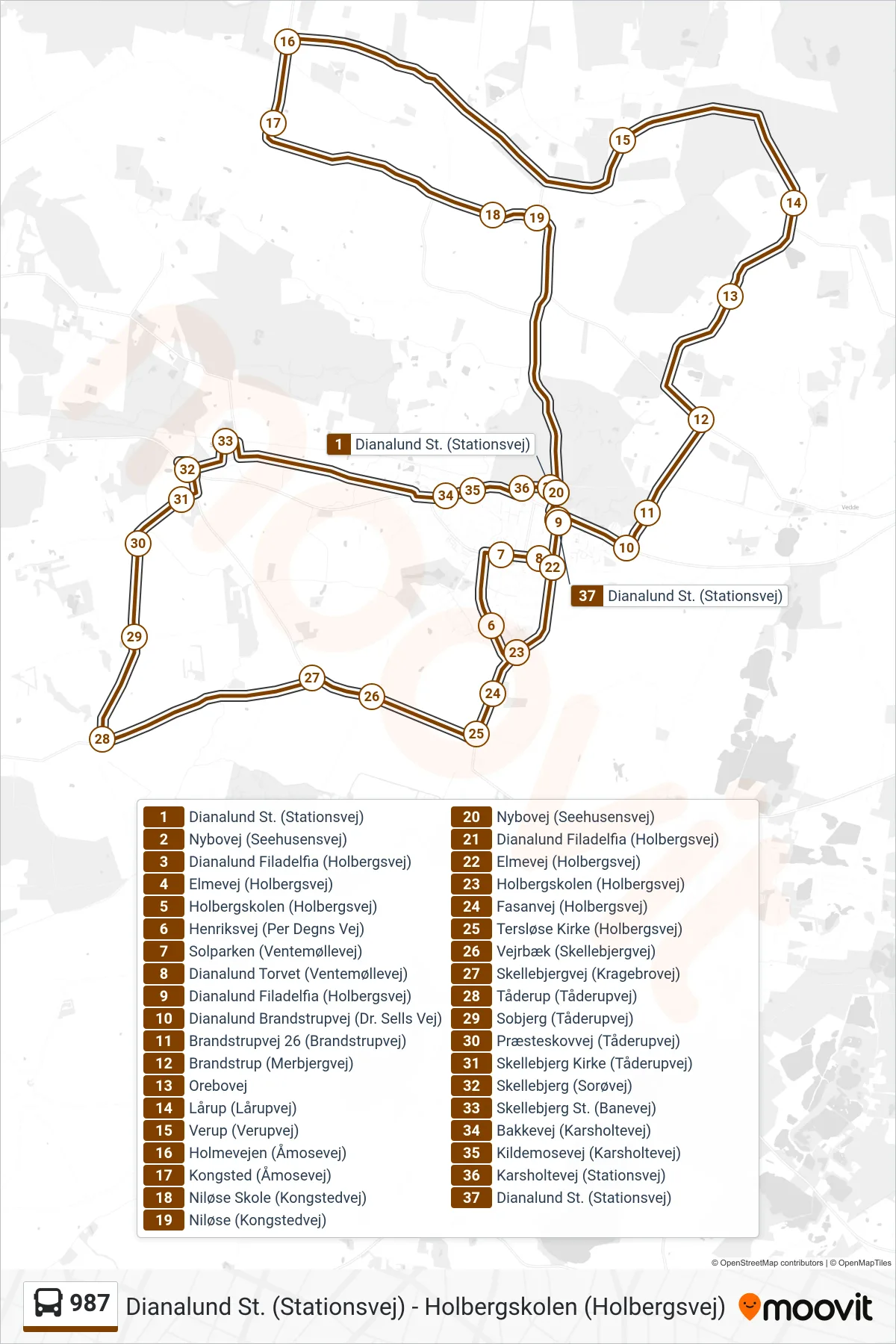 987 bus Linje (Dianalund St.) rute og stop på et kort