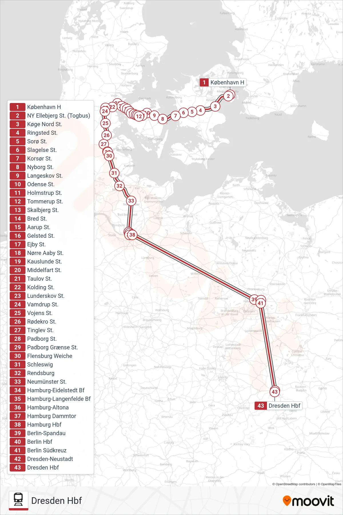 RJ jernbane Linje (Dresden Hbf) rute og stop på et kort