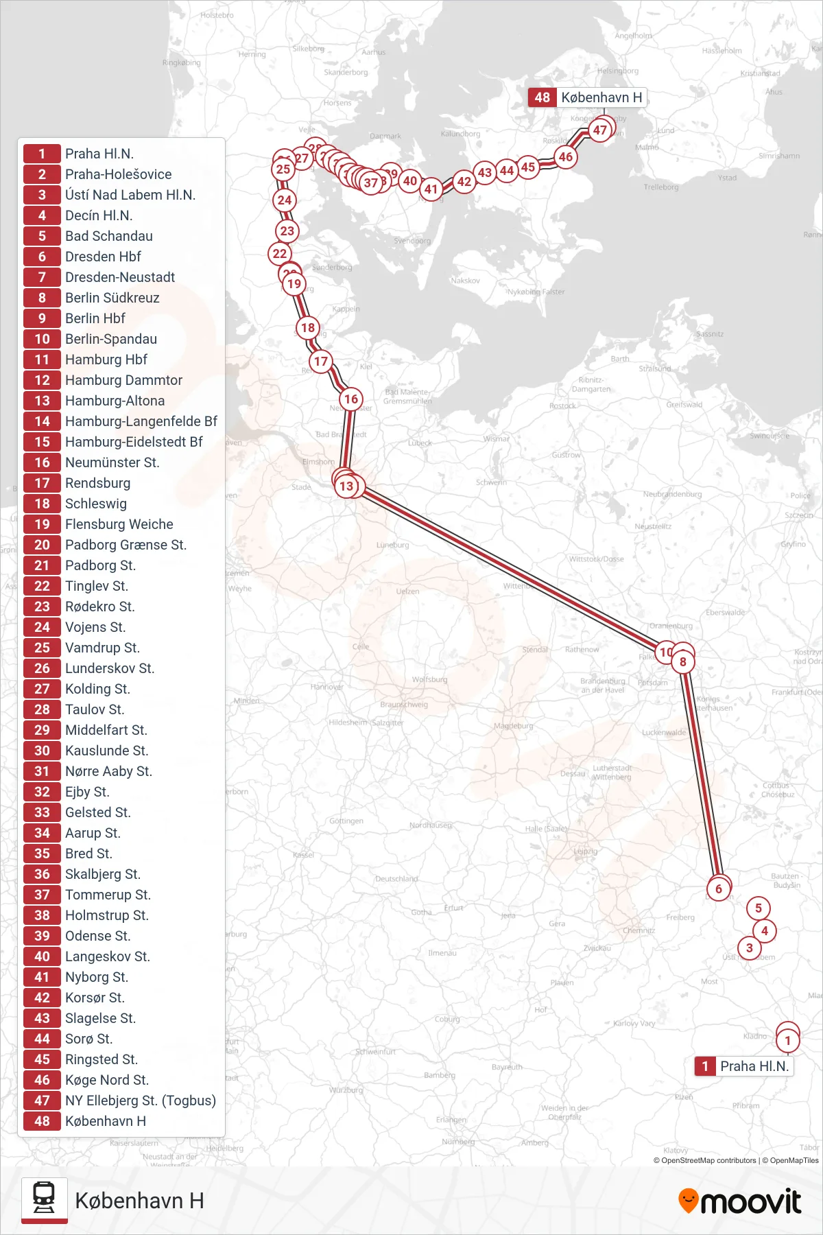 RJ jernbane Linje (København H) rute og stop på et kort