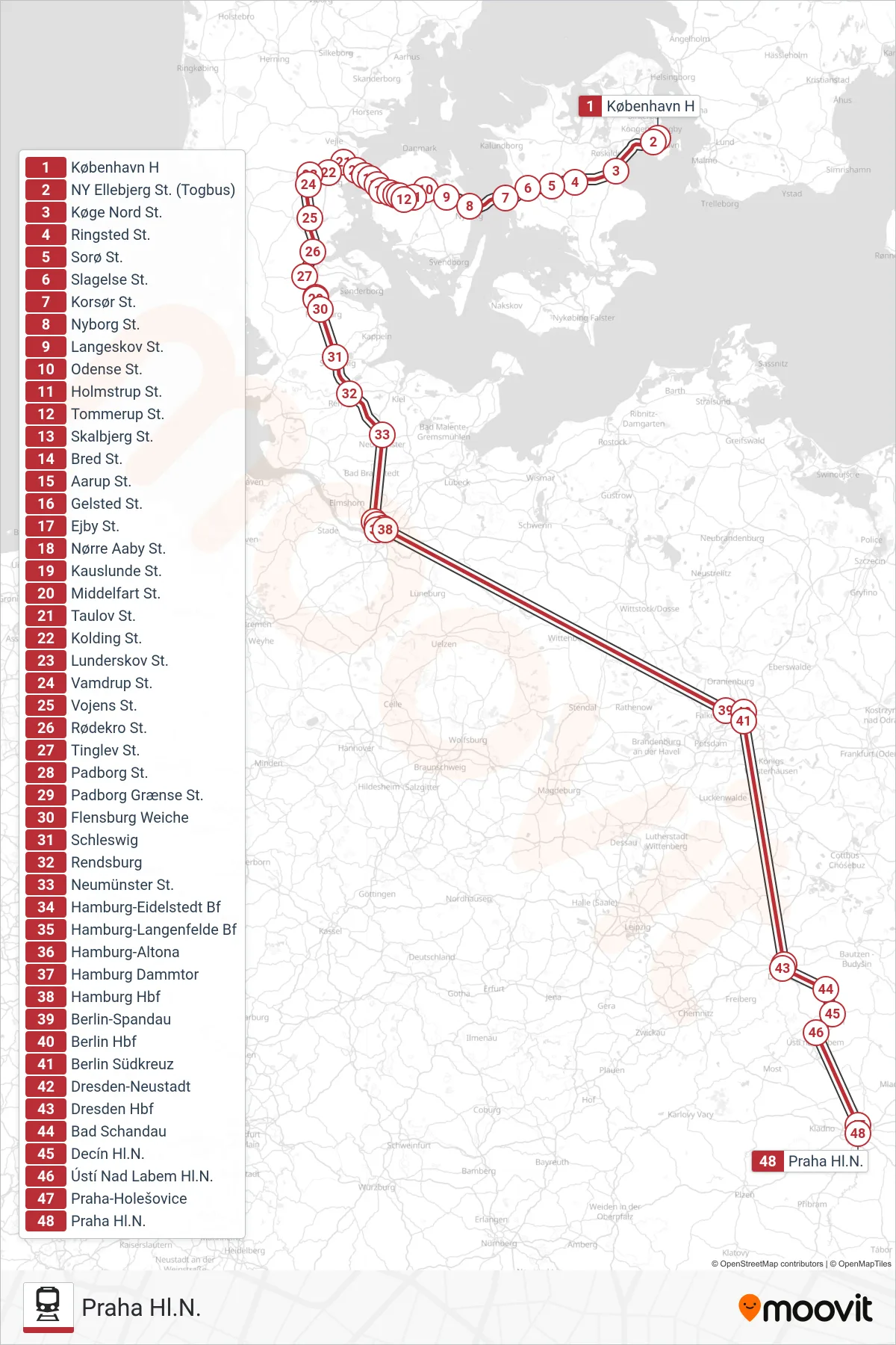 RJ jernbane Linje (Praha Hl.N.) rute og stop på et kort