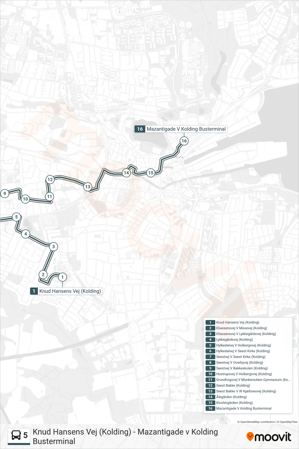 5 bus Linje (Mazantigade V Kolding Busterminal) rute og stop på et kort