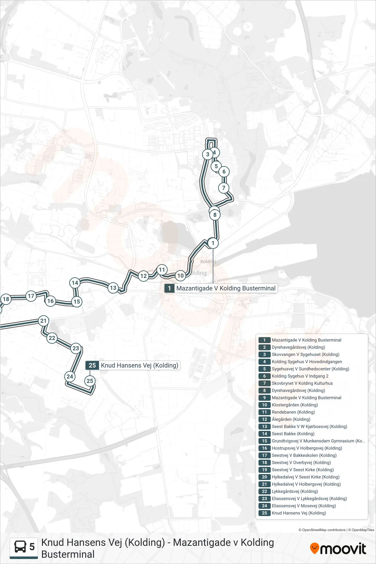 5 bus Linje (Knud Hansens Vej (Kolding)) rute og stop på et kort