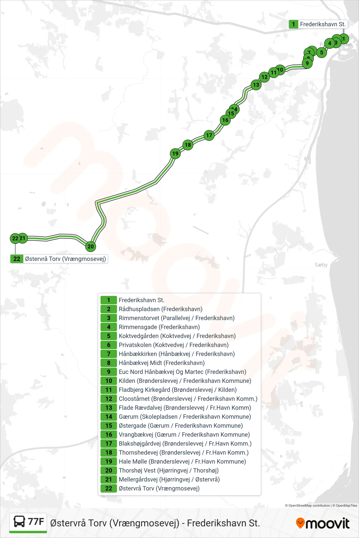 77F bus Linje (Østervrå Torv) rute og stop på et kort