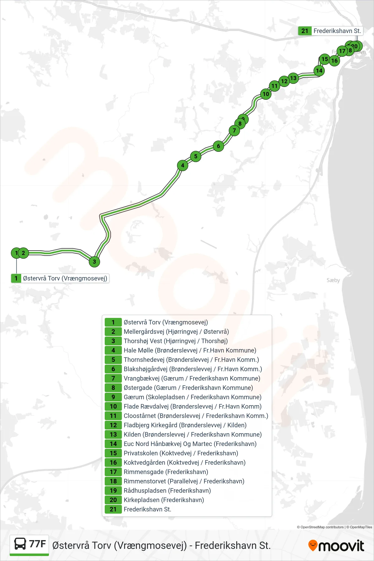 77F bus Linje (Frederikshavn St.) rute og stop på et kort