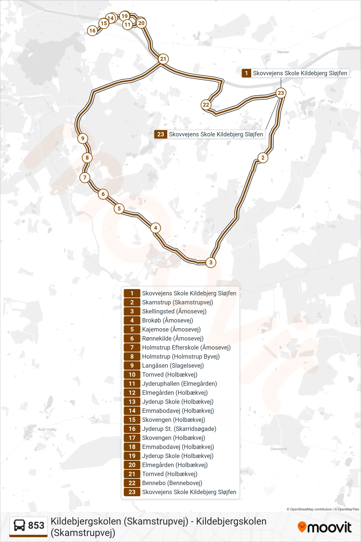 853 bus Linje (Mørkøv Kildebjergskolen) rute og stop på et kort