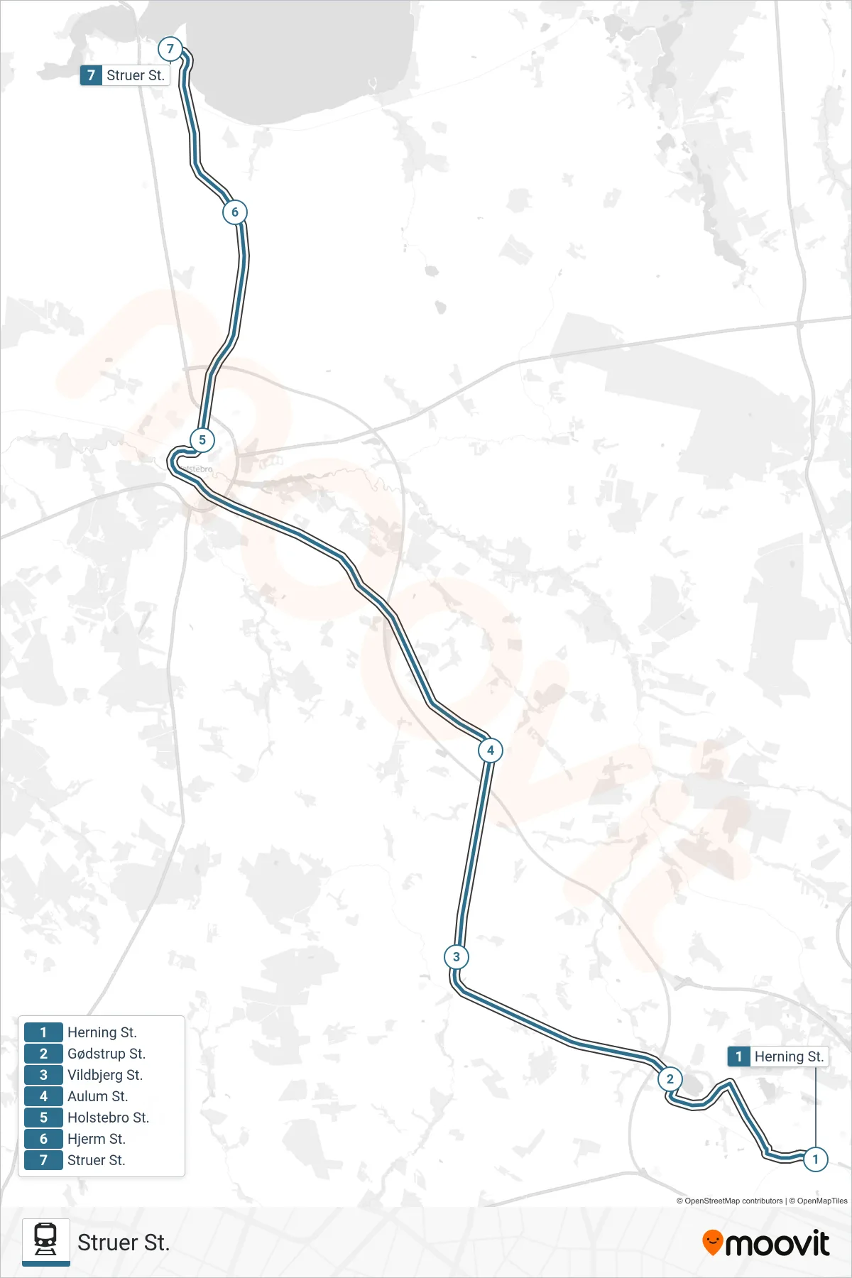 RX jernbane Linje (Struer St.) rute og stop på et kort