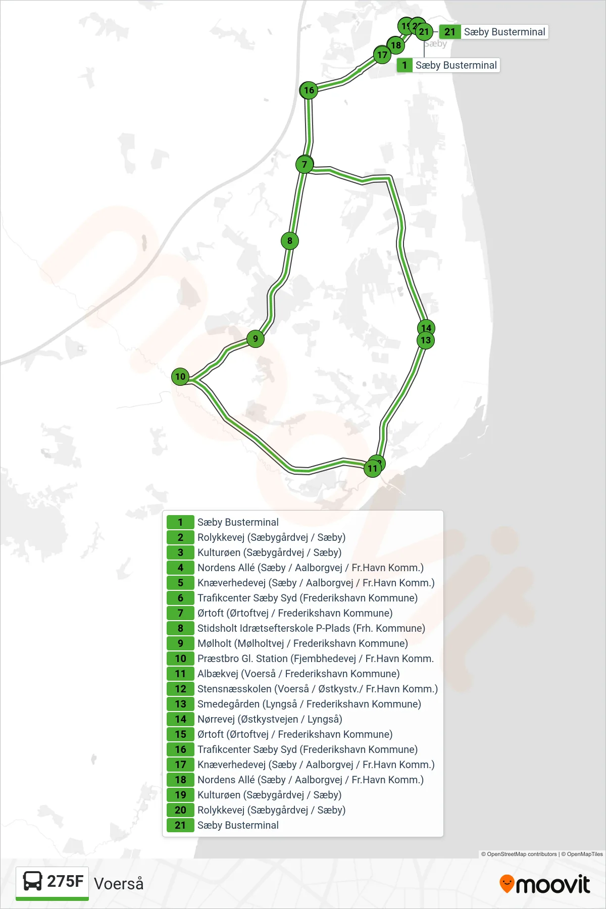 275F bus Linje (Voerså) rute og stop på et kort